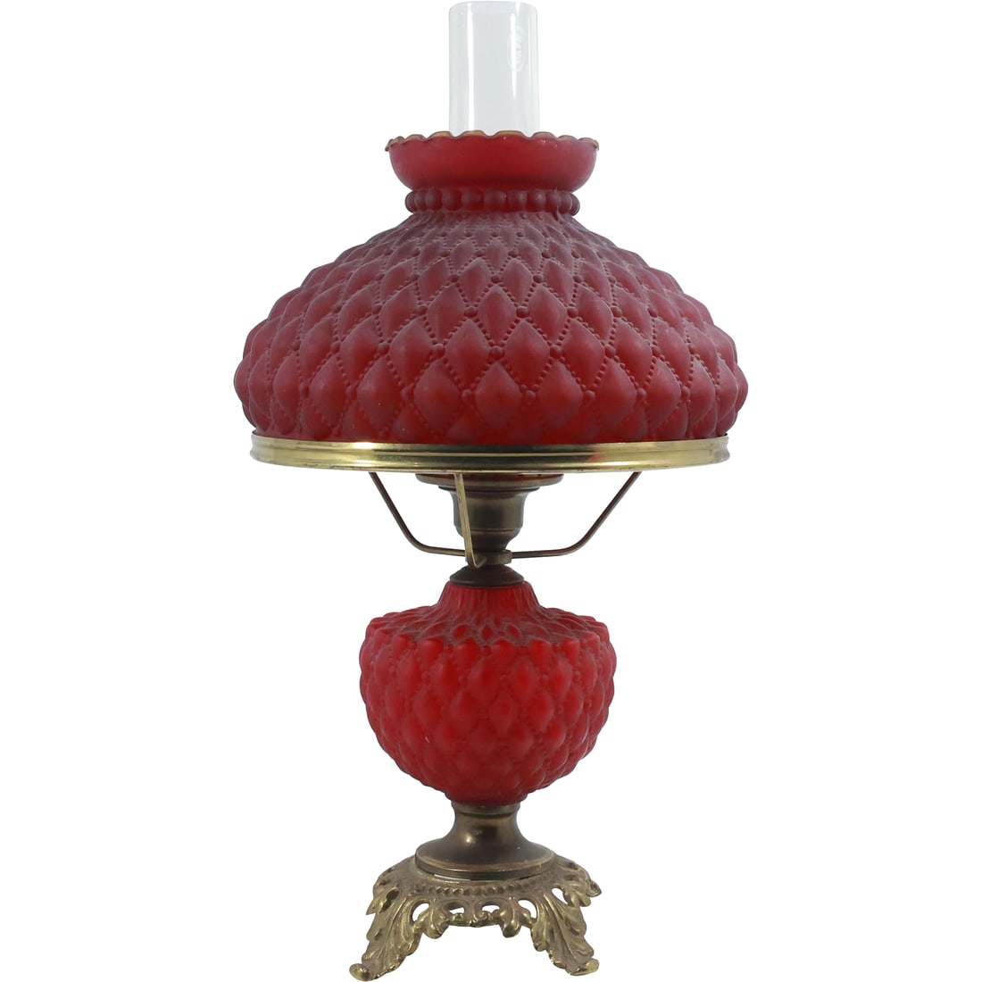 Vintage Red Satin Glass Shade and Font Hurricane Lamp Diamond Quilted Beaded Pattern: Vintage Red Satin Glass Shade and Font Hurricane Lamp Diamond Quilted Beaded Pattern. size: 20 inches height x 10 inches wide.