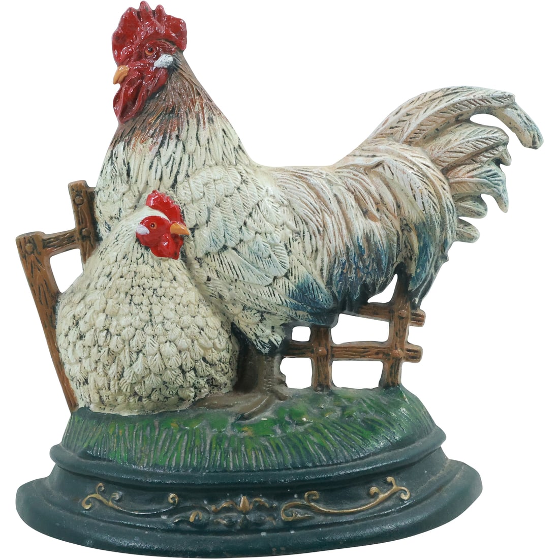 Novelty Cast Iron Figurative Doorstop Barnyard Rooster and Chicken in Original Paint Finish (1 of 18)