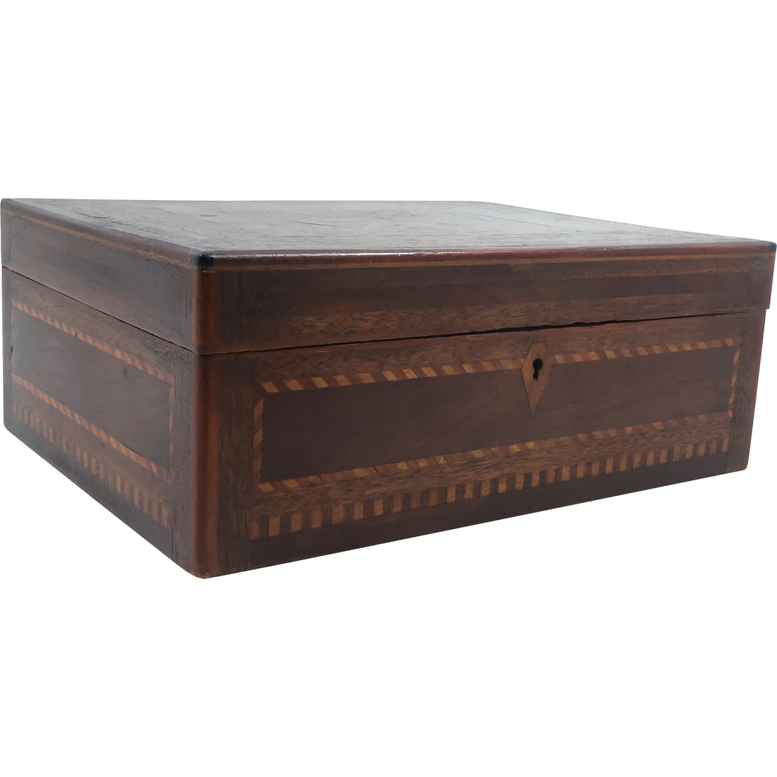 19th C. Folk Art Exotic Woods Inlaid Wooden Document Box 4.5 in. h. x 11.5 in. l. x 8.75 in. w. (1 of 18)