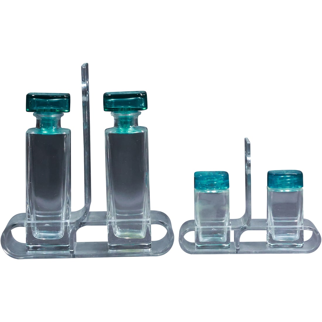2 Mid-Century Modern Clear Lucite Holders with Salt & Pepper Shakers, 2 Condiment Bottles (1 of 16)