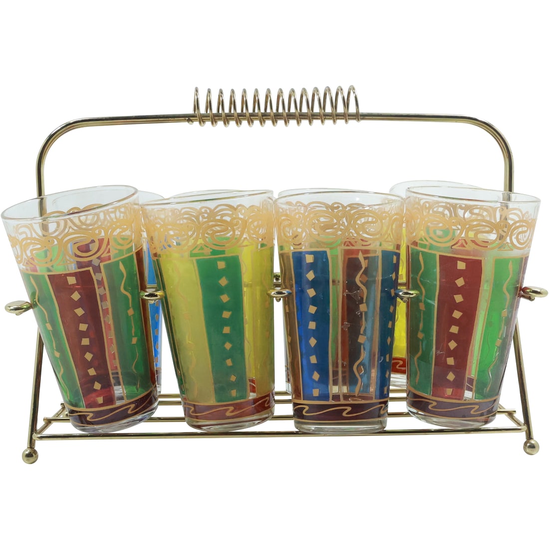 [8] Vintage Retro Highball Cocktail Glasses Barware Color Stripes & Gold in Metal Caddy Holder (1 of 19)