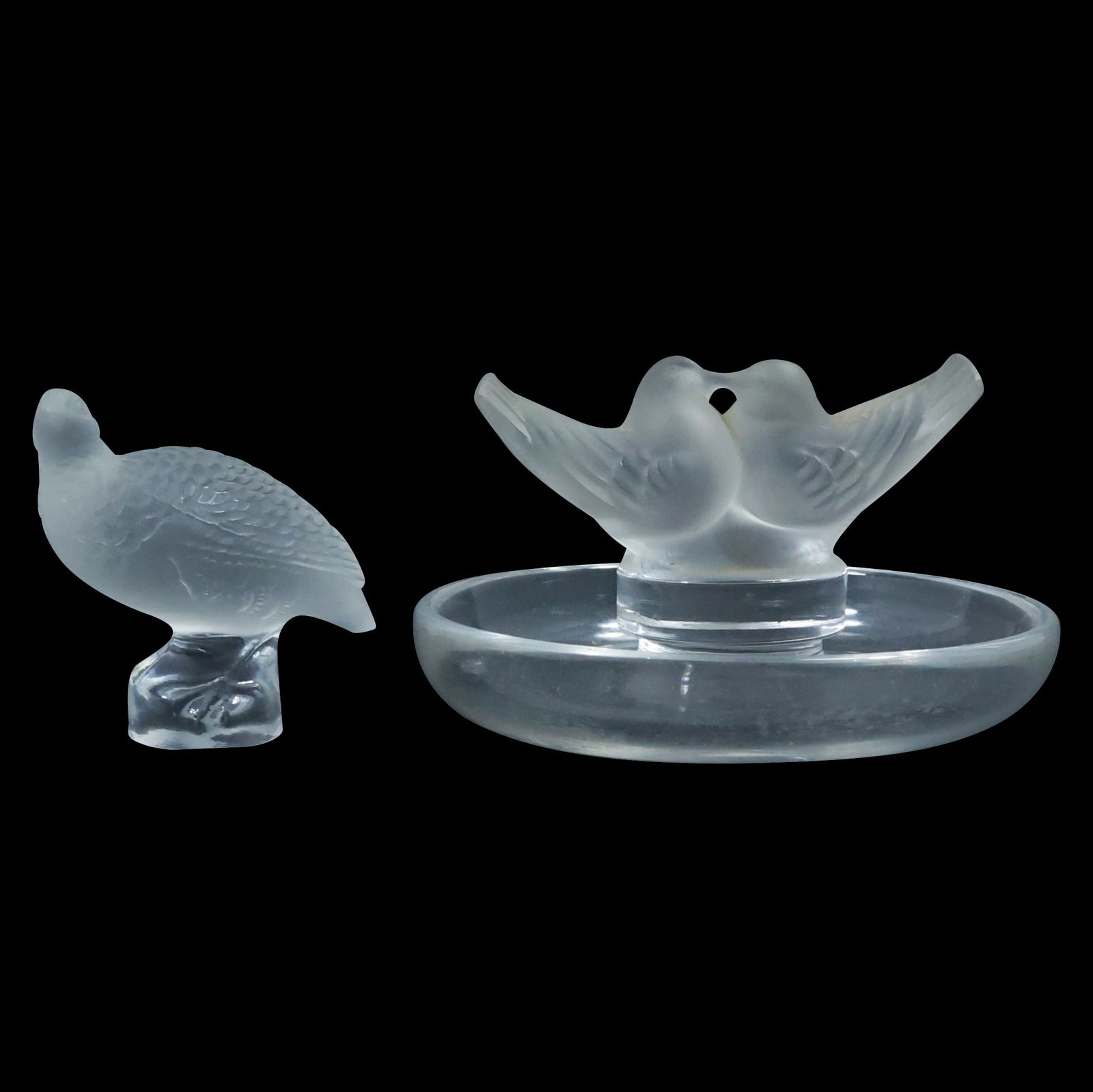 [2] LALIQUE France Quail Bird Figure & LALIQUE France Kissing Doves Round Rings Holder Dish (1 of 20)