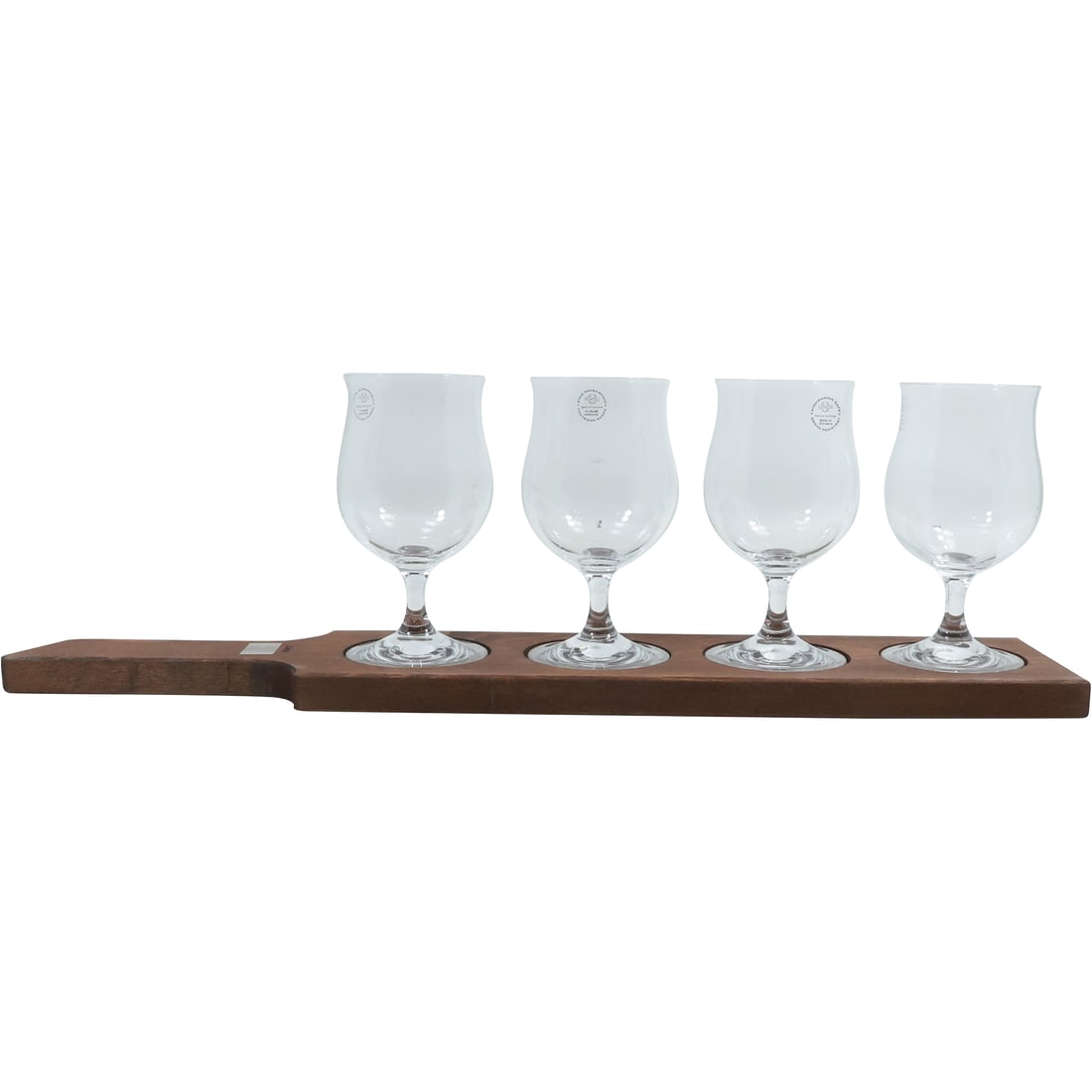 LENOX Four Crystal Glass Wine Tasting Glasses on a Fitted Wood Serving Tray with Box: LENOX Four Crystal Glass Wine Tasting Glasses on a Fitted Wood Serving Tray with Box. size: 5.75x3 (4x glasses), 21.25x4.25 (rack), 7.75x22x4.5 (box)