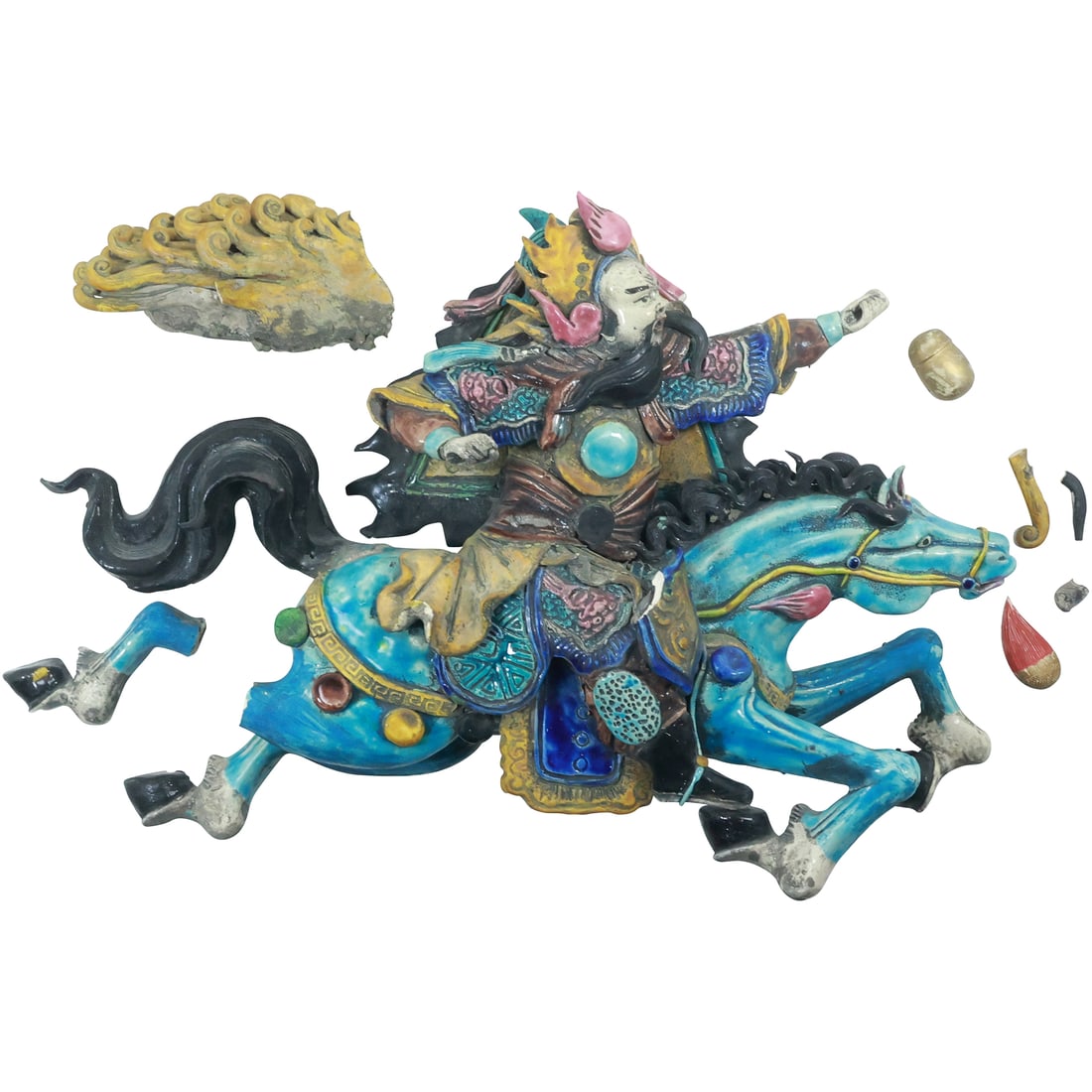 Antique 19th C. Majolica Chinese Roof Tile, Warrior on Horse, needs restoration 15 in. x 20 in.: Antique 19th C. Majolica Chinese Roof Tile, Warrior on Horse, needs restoration, size: 15 in. x 20 in.