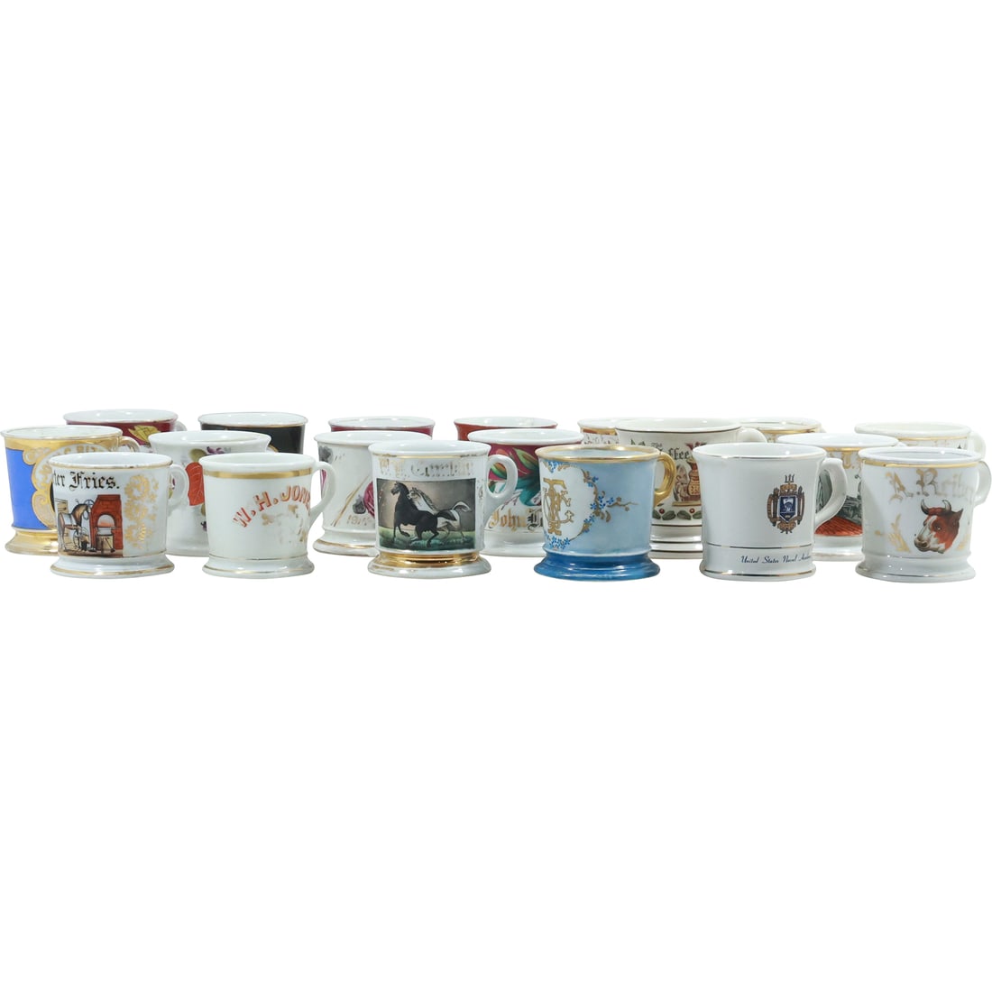Estate Collection of 19 Antique Assorted Occupational Shaving Mugs: Estate Collection of 19 Antique Assorted Occupational Shaving Mugs. size: size ranges from 3.5x4.5 to 4x4