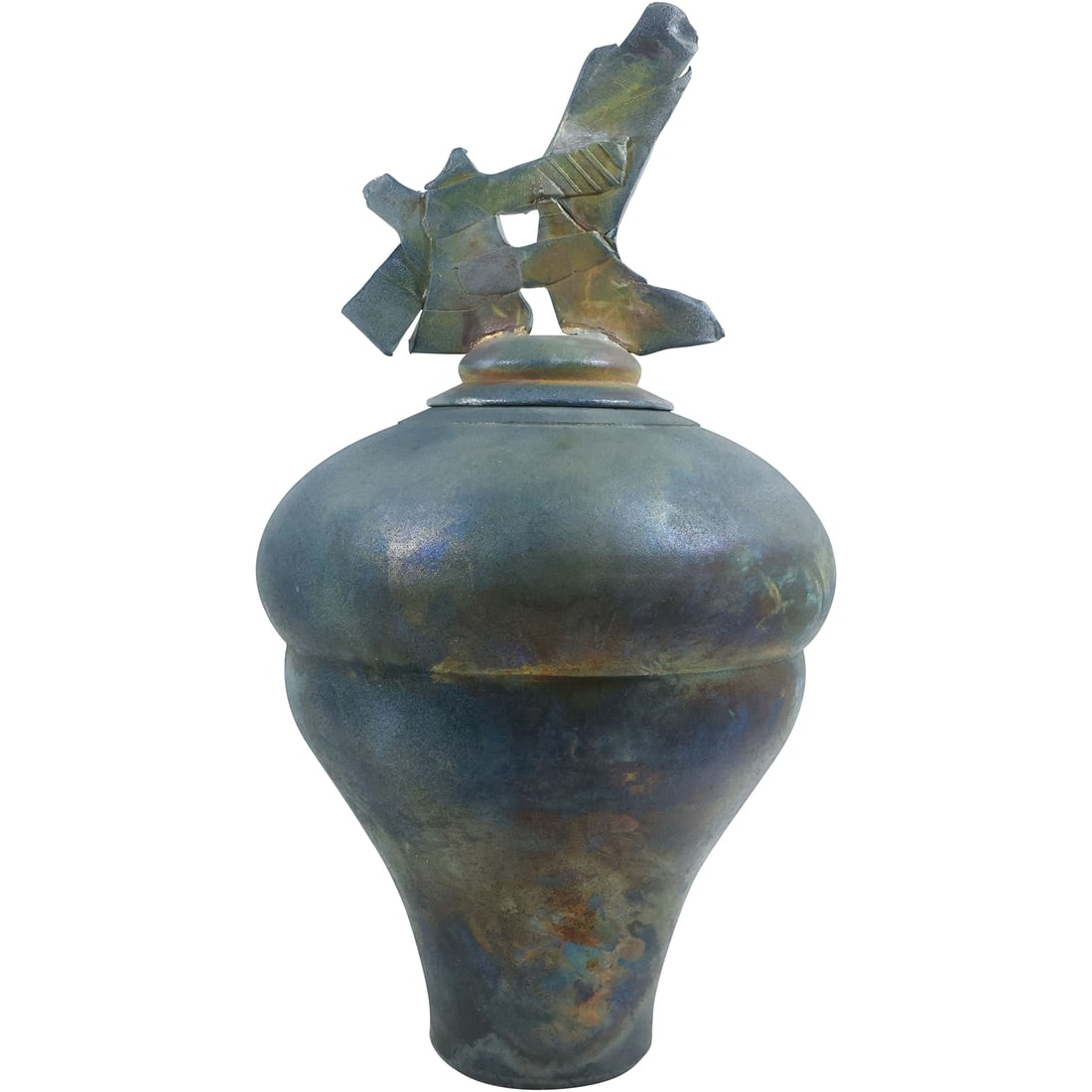 Signed Kidd '90, Raku Pottery Urn with Sculptured Finial Top Cover 21.5 in. height x 9.5 in. wide (1 of 20)