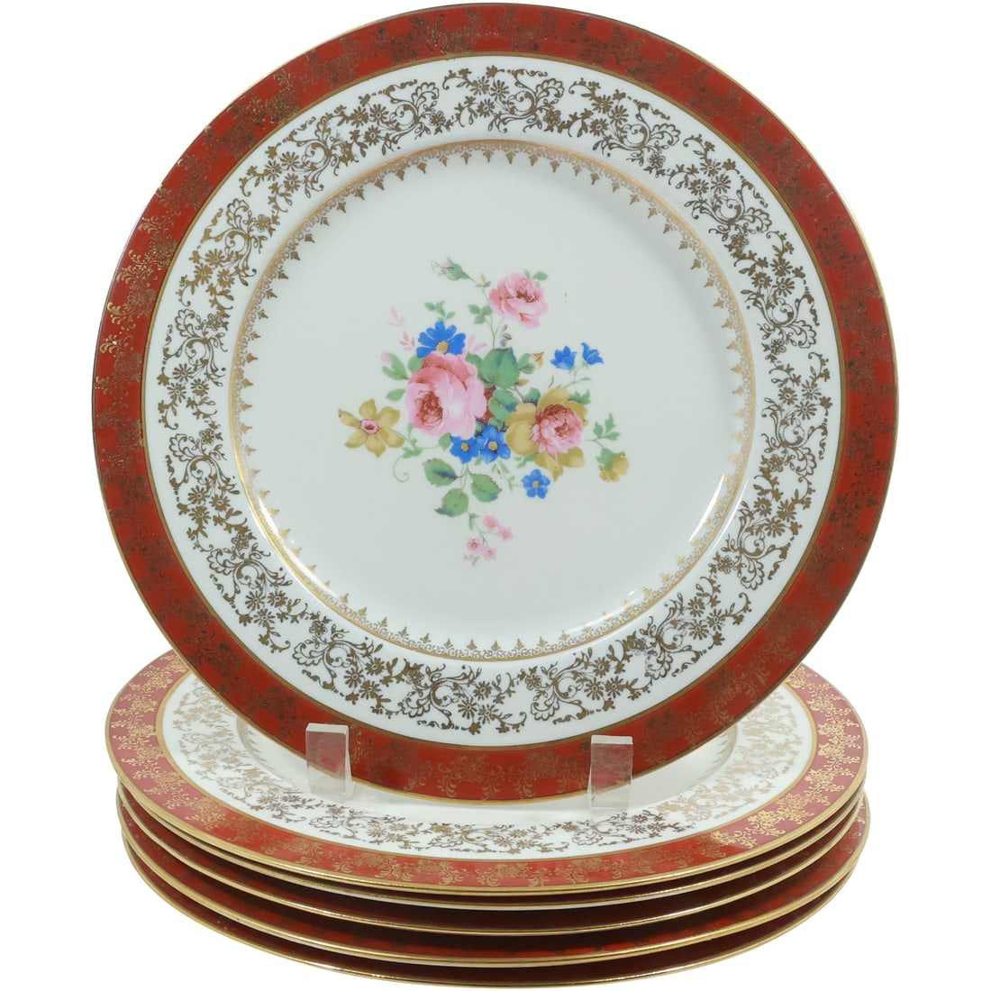 6 Atlas China New York Porcelain Dinner Plates Flowers and 22K Gold Trim 10.75 in. diameter: 6 Atlas China New York Porcelain Dinner Plates Flowers and 22K Gold Trim 10.75 in. diameter. size: .75x10.75