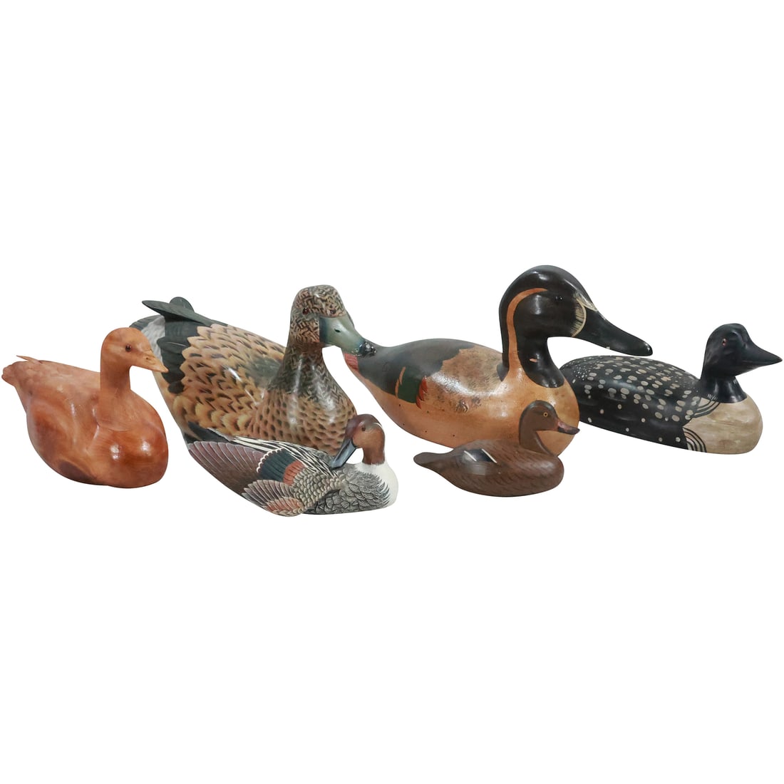 6 Assorted Wooden Decoys, Hand Painted, Some Signed, Some Have Labels: 6 Assorted Wooden Decoys, Hand Painted, Some Signed, Some Have Labels. size: size ranges from 6.5 in. to 16 in.