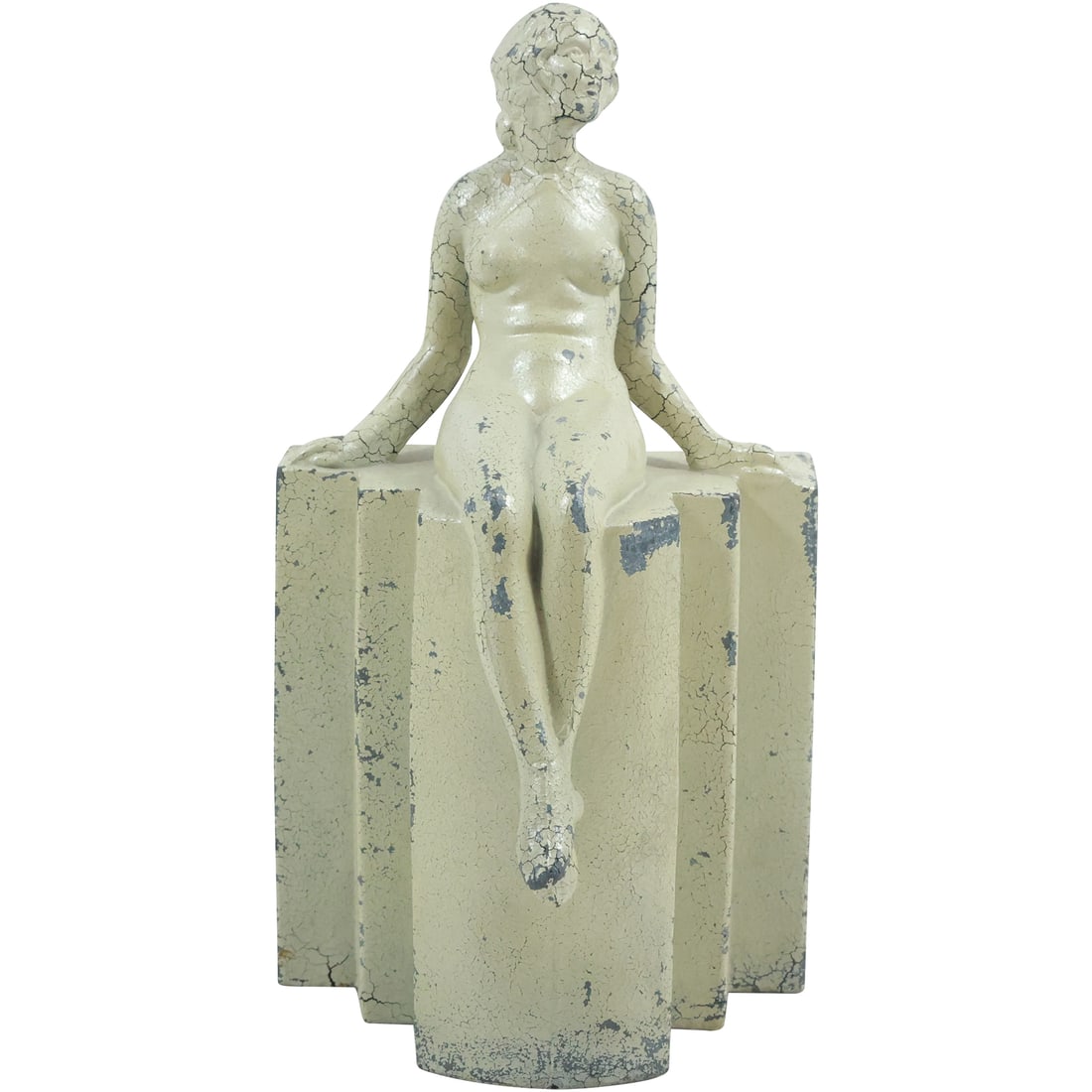 Art Deco Cast Metal Nude Sitting on a Wall Style of Frankart Statue / Single Bookend: Art Deco Cast Metal Nude Sitting on a Wall Style of Frankart Statue / Single Bookend. In old weathered white paint finish. size: 8.25 in. height x 4.5 in. wide