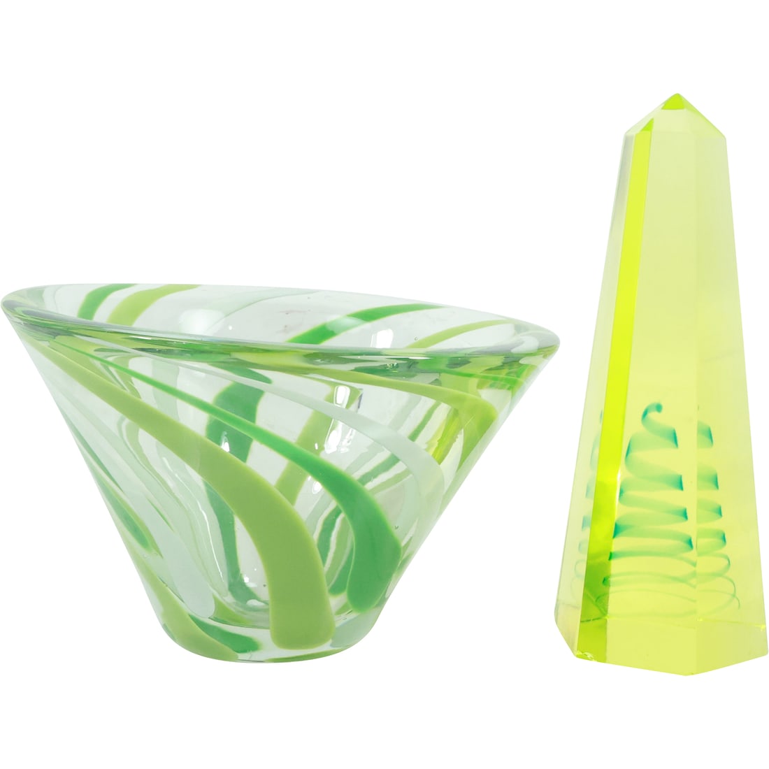 [2] Mid-Century Modern Glass Bowl & Cenedese Murano Bright Uranium Yellow Obelisk: [2] Mid-Century Modern Glass Bowl & Cenedese Murano Bright Uranium Yellow Obelisk. size: 4.25x7 (bowl), 7x2.5 (obelisk)