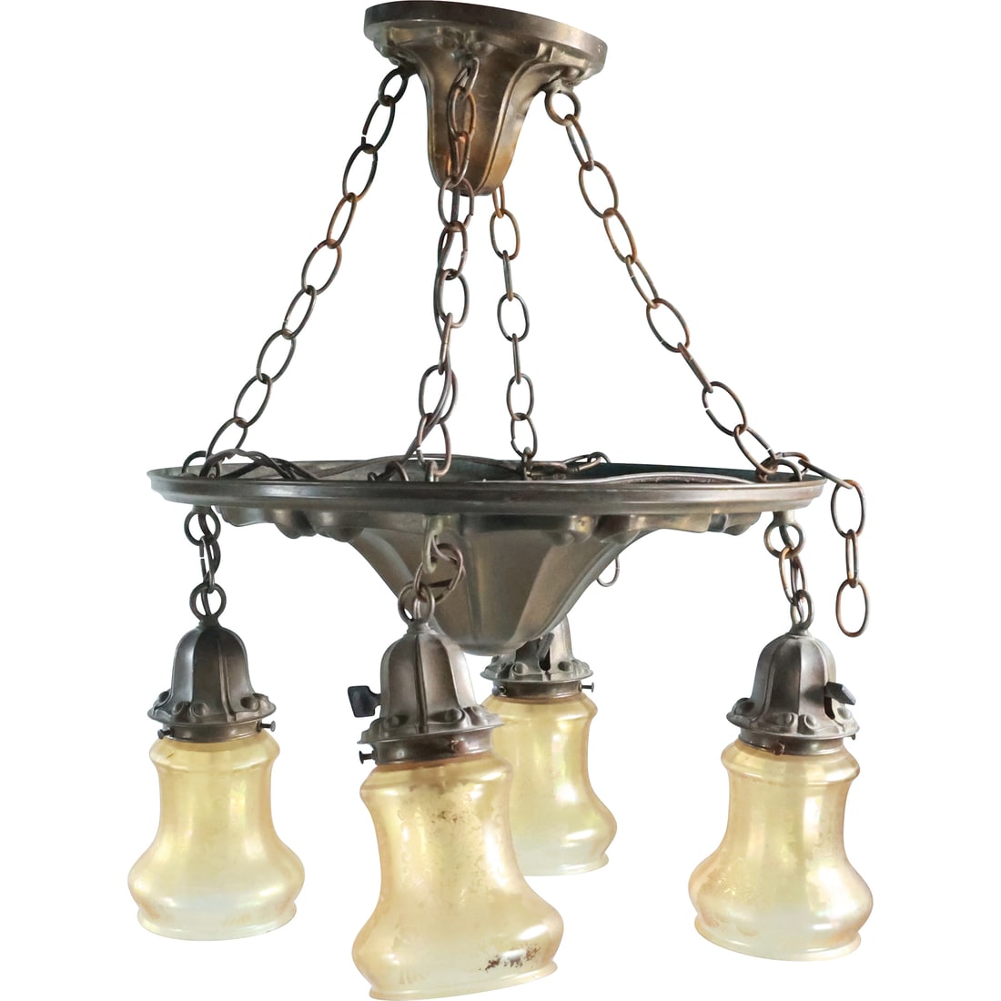 Nice Looking Circa 1920s Bass Pan Chandelier with 4 Gold Iridescent Glass Shades: Nice Looking Circa 1920s Bass Pan Chandelier with 4 Gold Iridescent Glass Shades, size: 16 in. x 22.5 in.