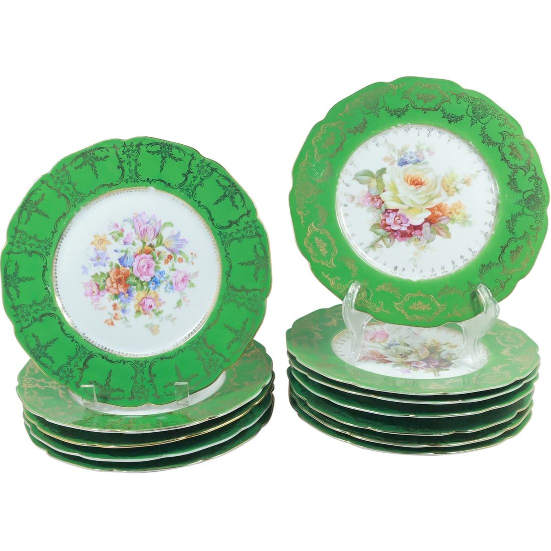 [12] Fine Porcelain Dinner Plates Green Banded Border with Hand Painted Flowers Center 11 in. dia. (1 of 19)