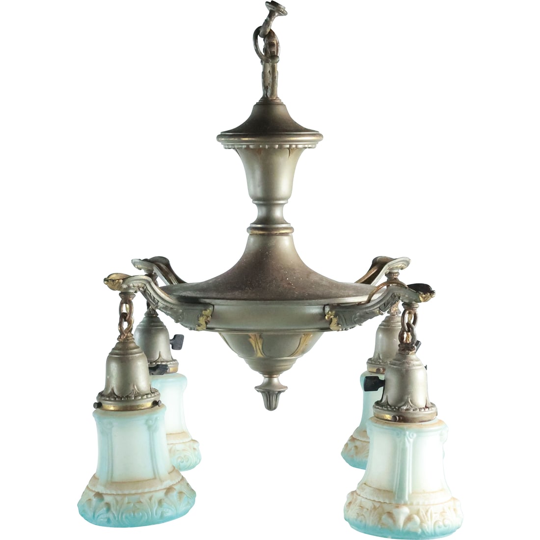 Circa 1920s Pewter Finish Pan Hanging Chandelier with 4 Original Glass Shades (1 of 20)