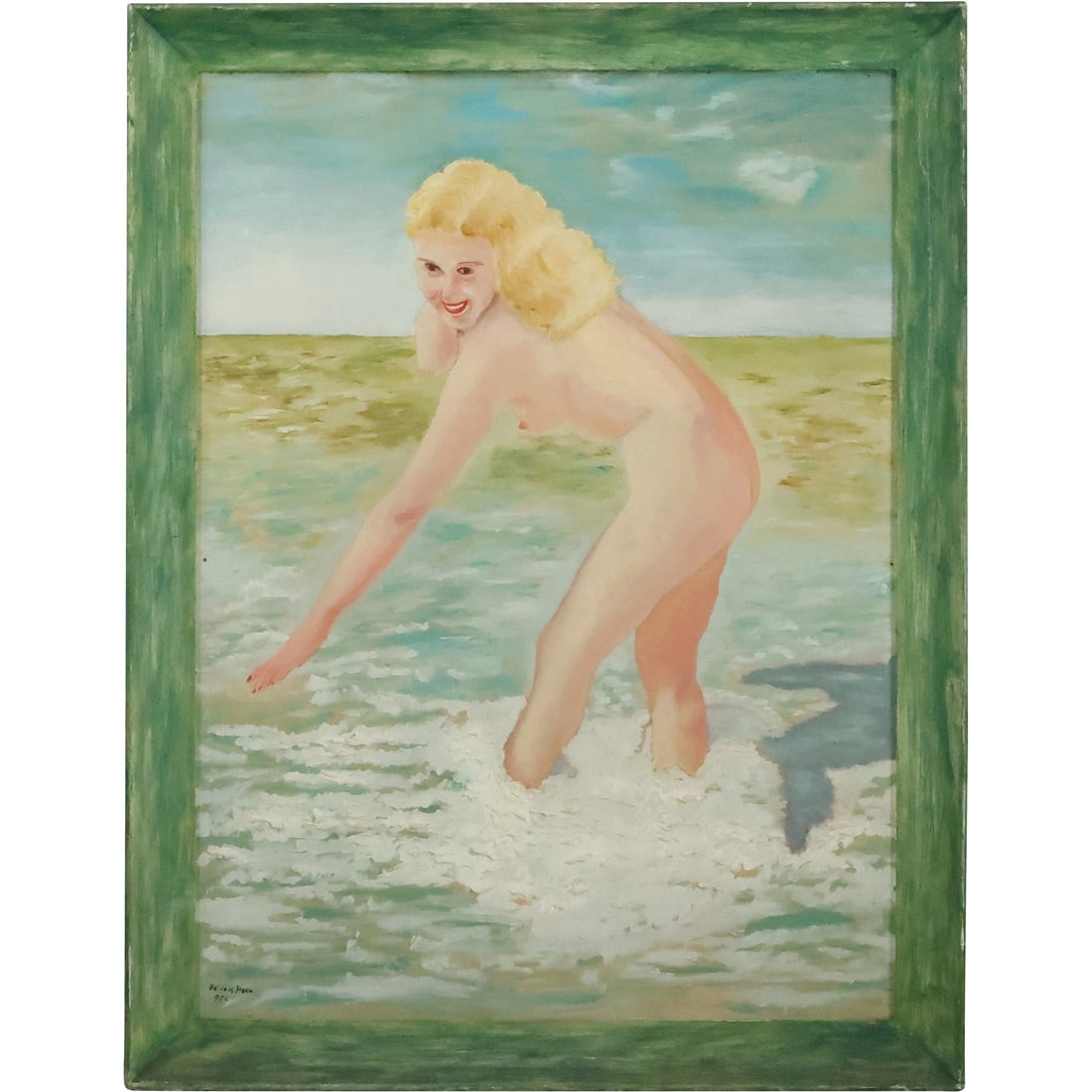 Dr Jose Stern 1952, Oil on Board Painting Young Nude Woman Bathing in Ocean, Framed: Dr Jose Stern 1952, Oil on Board Painting Young Nude Woman Bathing in Ocean, Framed. size: 30 x 22, 33.75 x 25.75 outside frame