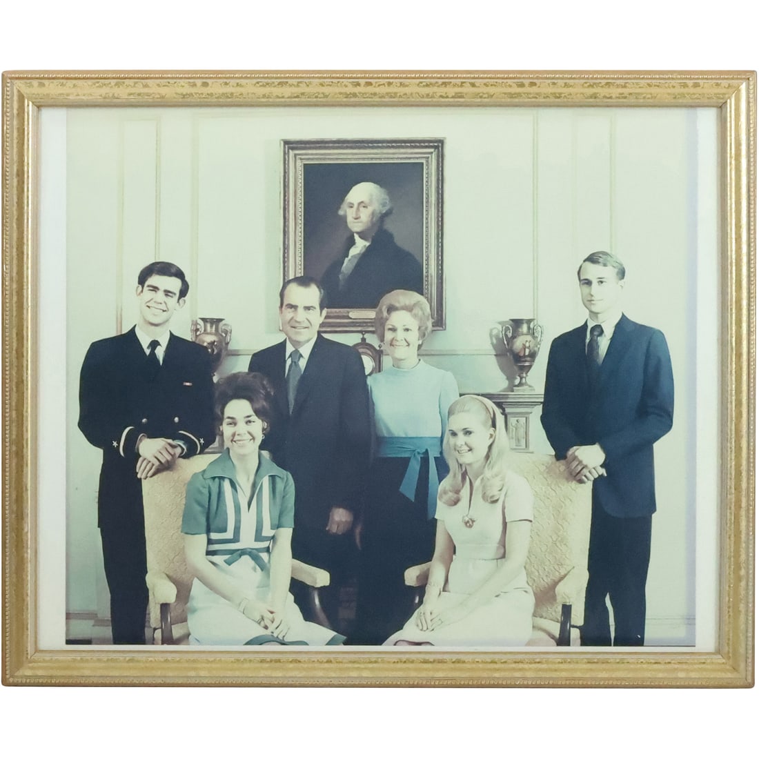 White House Official Portrait of First Family Richard Nixon, Pat Nixon, daughters Patricia and Julie: White House Official Portrait of First Family Richard Nixon, Pat Nixon, daughters Patricia and Julie, sons in law Edward F Cox and Dwight David Eisenhower II. size: 16 x 20, 17.75 x 21.75 outside fram