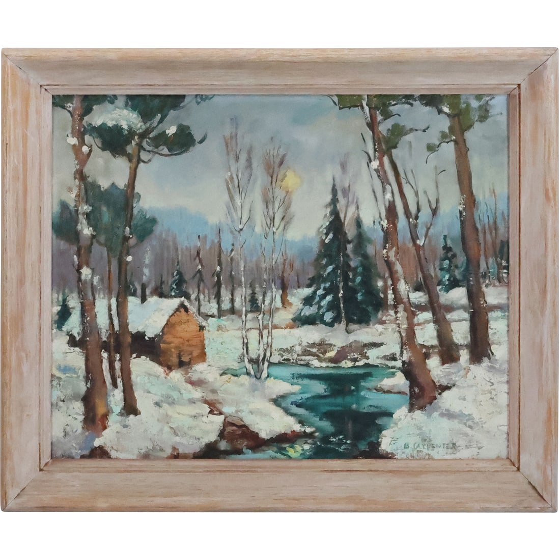 Signed B Carpenter, Vintage Oil on Board Painting, Quality Winter Landscape with Stream (1 of 20)