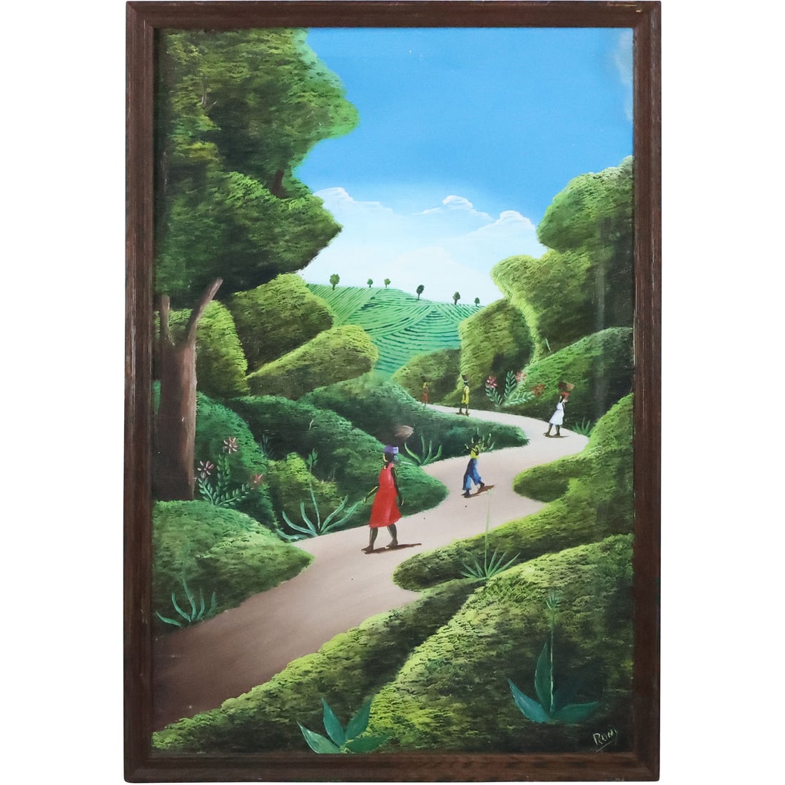 Signed Rony, 20th C. Haitian Oil on Canvas Painting Figures on Winding Road Landscape (1 of 20)