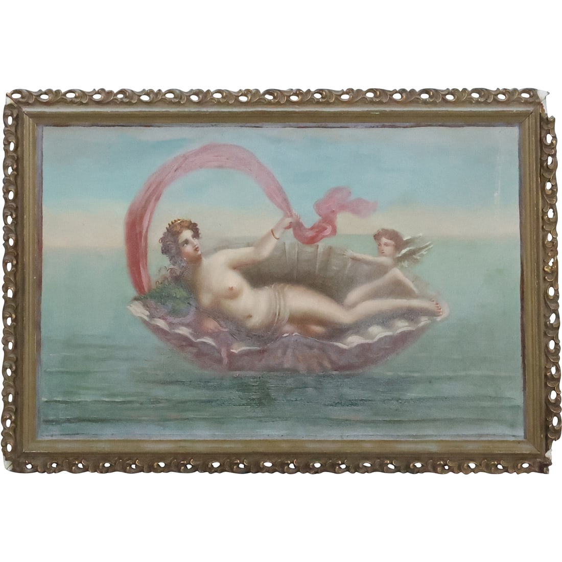 19th C. Oil on Board Painting Venus Reclining in a Shell on the Sea Waters, Original Frame: 19th C. Oil on Board Painting Venus Reclining in a Shell on the Sea Waters, Original Frame. size: 10 x 15, 11.5 x 16.5 outside frame