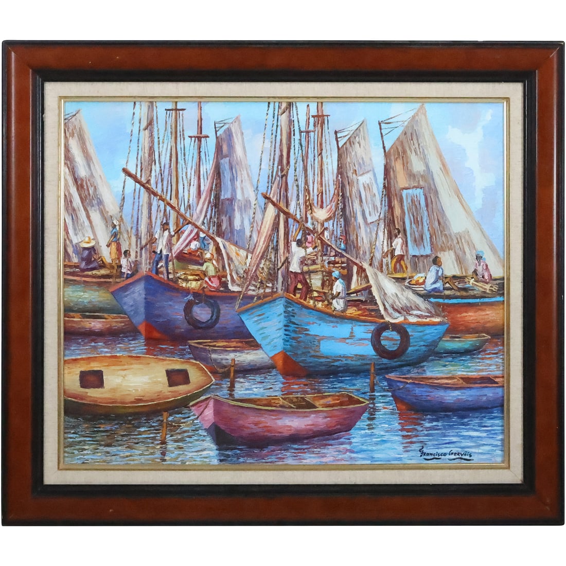 Francisco Gervais, Haiti, Oil on Canvas Painting Fishing Boats in Harbor with Figures: Francisco Gervais, Haiti, Oil on Canvas Painting Fishing Boats in Harbor with Figures. size: 19.5 x 23.5, 25.5 x 29.5 outside frame. ASKart: Francisco Gervais is active/lives in Haiti. Francisco Gerva