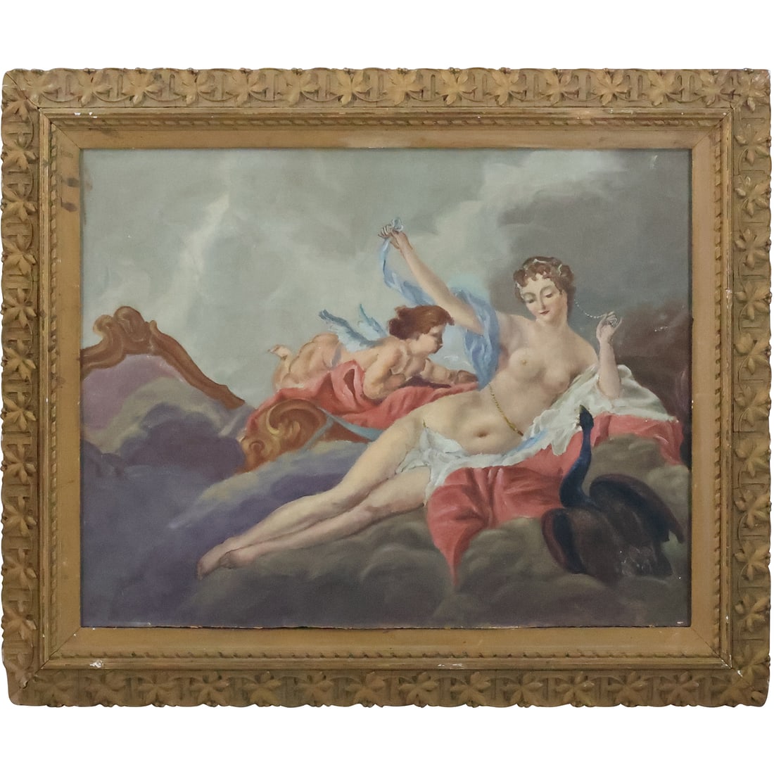 19th C. Oil on Board Painting Venus Reclining with Cupid Angel, Framed: 19th C. Oil on Board Painting Venus Reclining with Cupid Angel, Framed. size: 18 x 23.25 23.25 x 28.25 outside frame