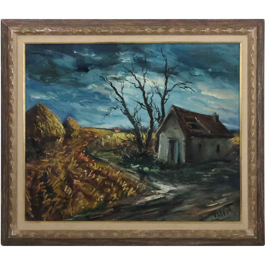 Signed Valdon, Oil on Canvas Painting Evening Landscape Haystacks Field and Cottage (1 of 20)
