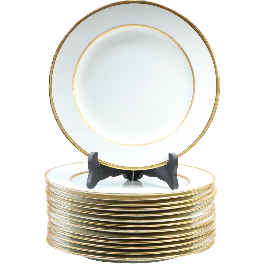 14 MINTONS Fine Porcelain Dinner Plates with Gold Rims 10 inches diameter: 14 MINTONS Fine Porcelain Dinner Plates with Gold Rims 10 inches diameter. size: 1 x 10 - gold trim wearing off, 1x cracked
