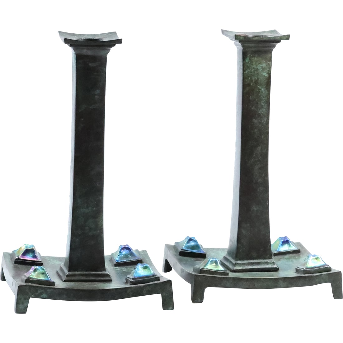 [2] Bronze with Art Glass Jewels Tall Candlesticks marked S 3371 - Good Patina Finish (1 of 20)