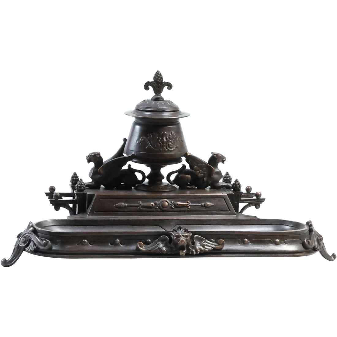 TIFFANY & CO Bronze Victorian Renaissance Revival Desk Top Ink Well Pen Rest - good patina (1 of 20)