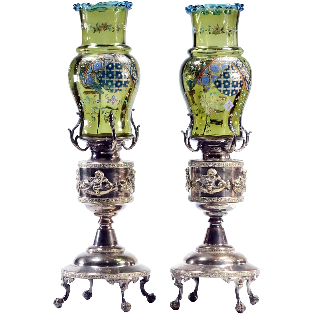 Pair Fabulous 19th C. Silver Plate Oil Lamps with Green Moser Glass Enamel Decorated Shades: Pair Fabulous 19th C. Silver Plate Oil Lamps with Green Moser Glass Enamel Decorated Shades. size: 17.25 in. height x 5.25 in.
