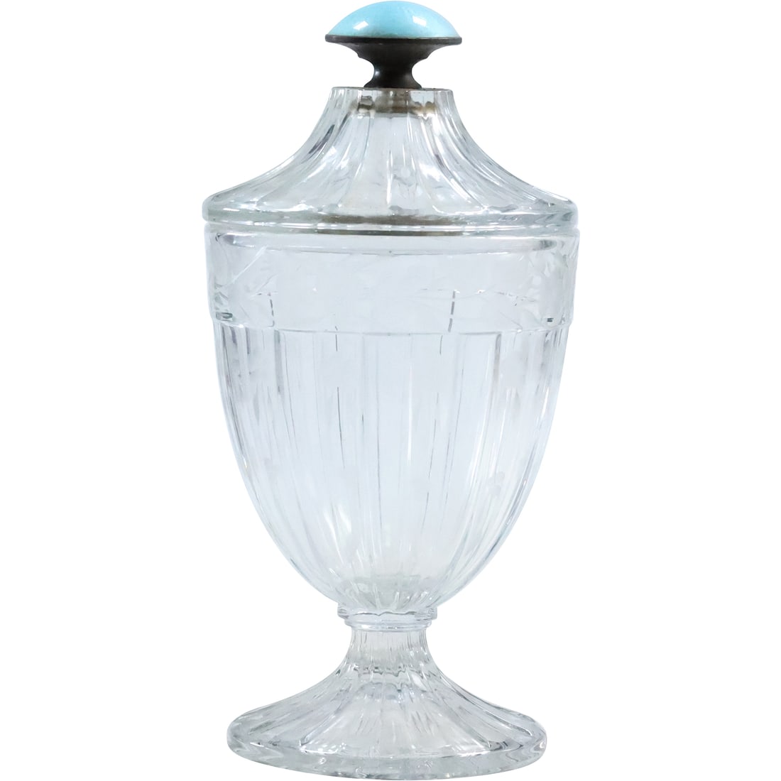 Etched Crystal Glass Covered Pedestal Base Jar with Blue Enameled Finial Top 8 in. height (1 of 20)