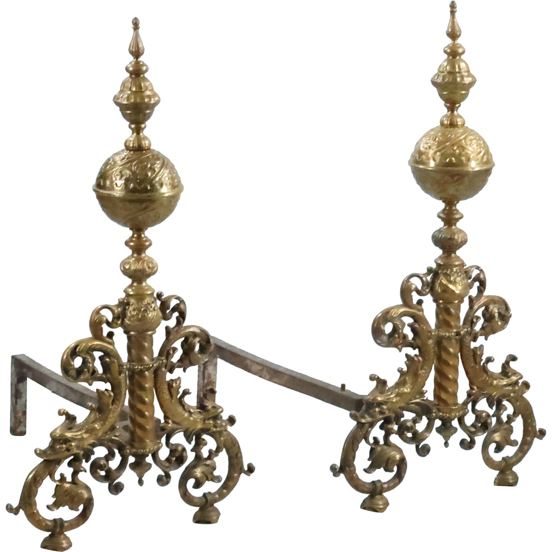 19th C. French Victorian Rococo Brass Andirons 25 inches height x 21 in. wide, 13.5 in. length (1 of 20)