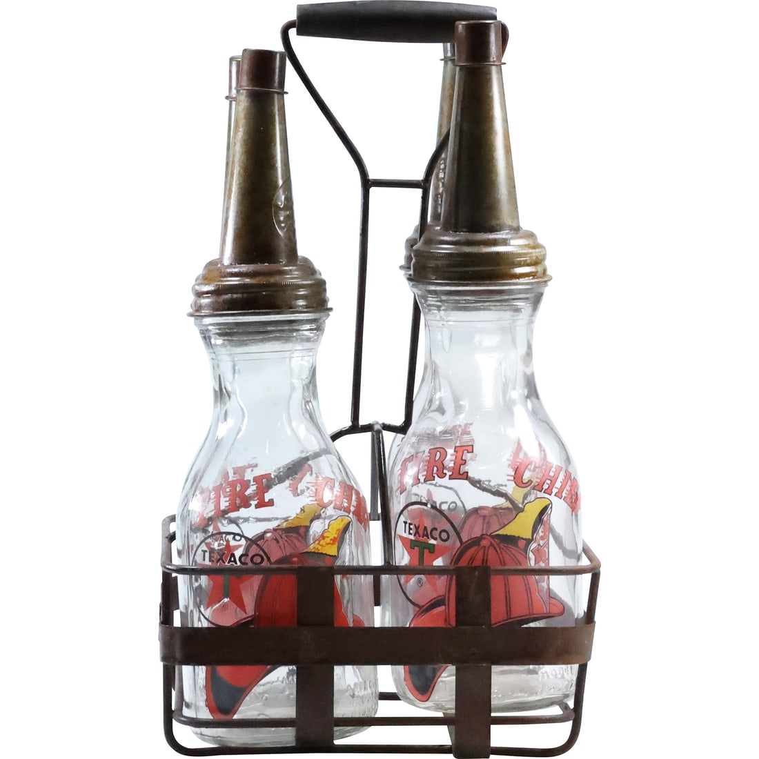 4 Texaco Fire Chief Glass Oil Can Bottles in Metal Caddy Holder (1 of 20)