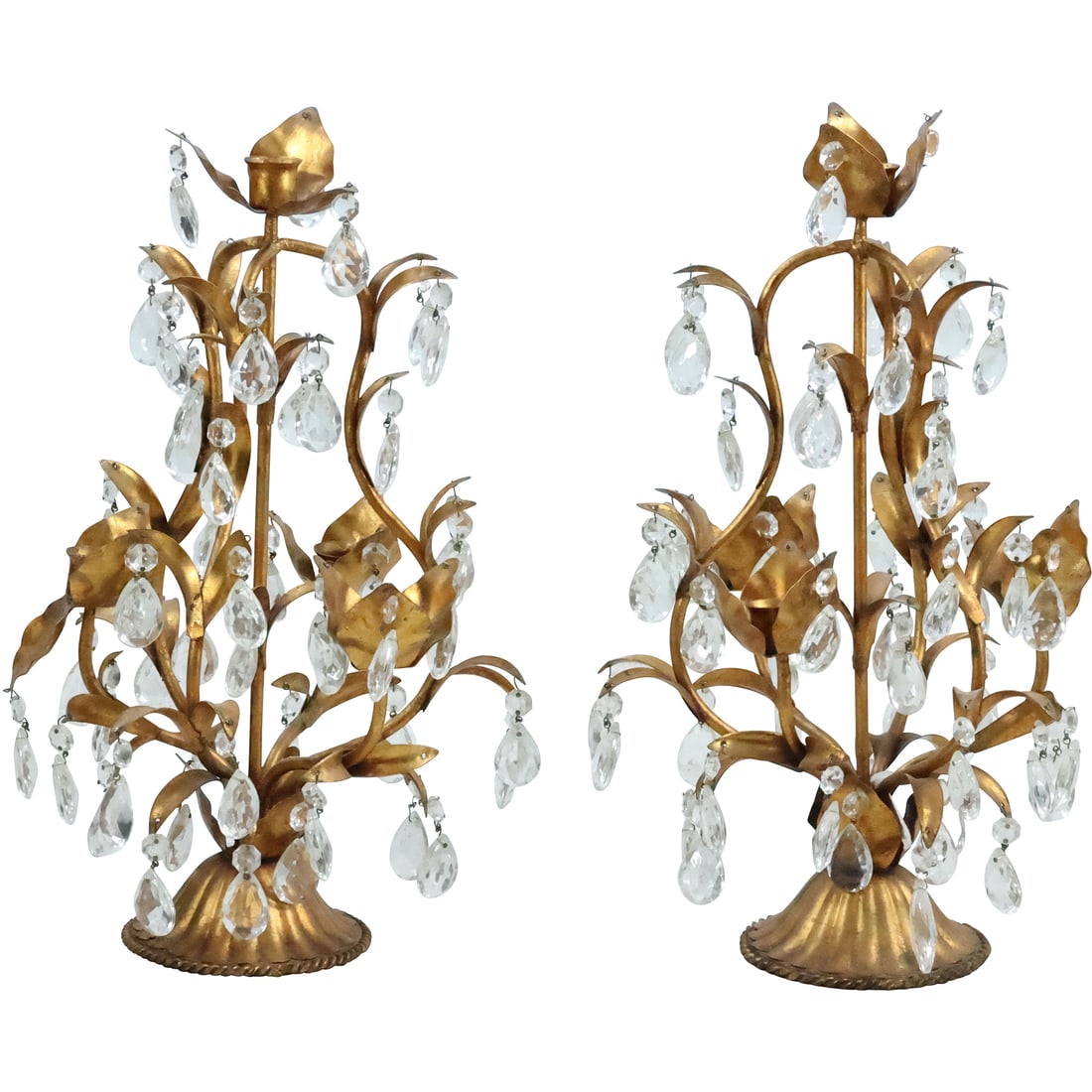 Pair Hollywood Regency Gold Gilt Toleware Fountain Style Candelabras with Prisms 17.75 in. height (1 of 20)