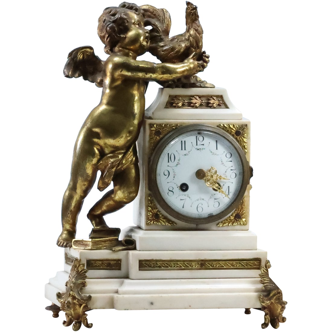 19th C. French Bronze and Marble Figurative Mantle Clock SH PARIS Winged Cherub Holding Rooster (1 of 20)