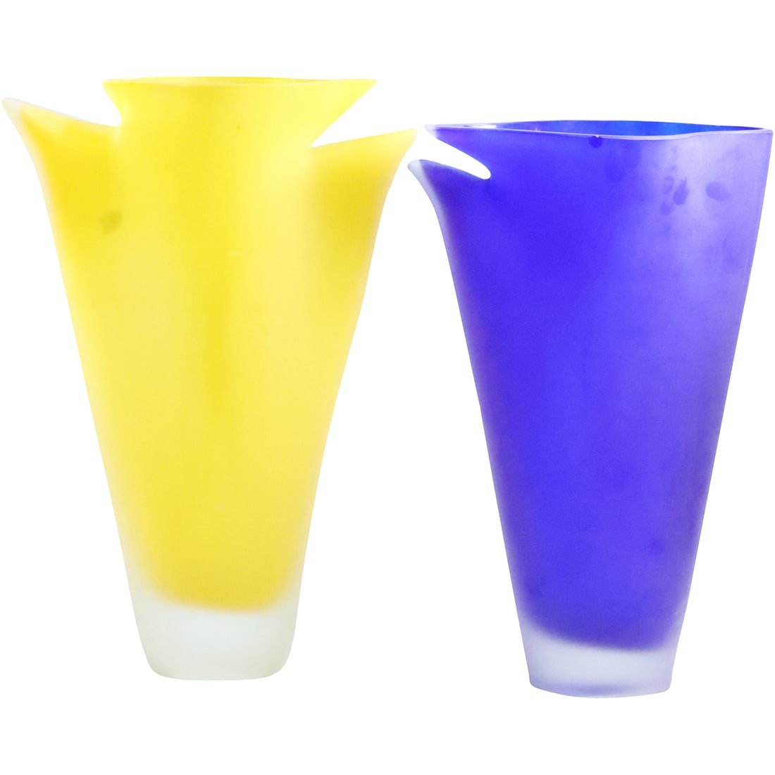 2 Mid-Century Modern Blue and Bright Yellow Glass Tall Pitchers 11.75 in. and 12.75 in. heights (1 of 20)