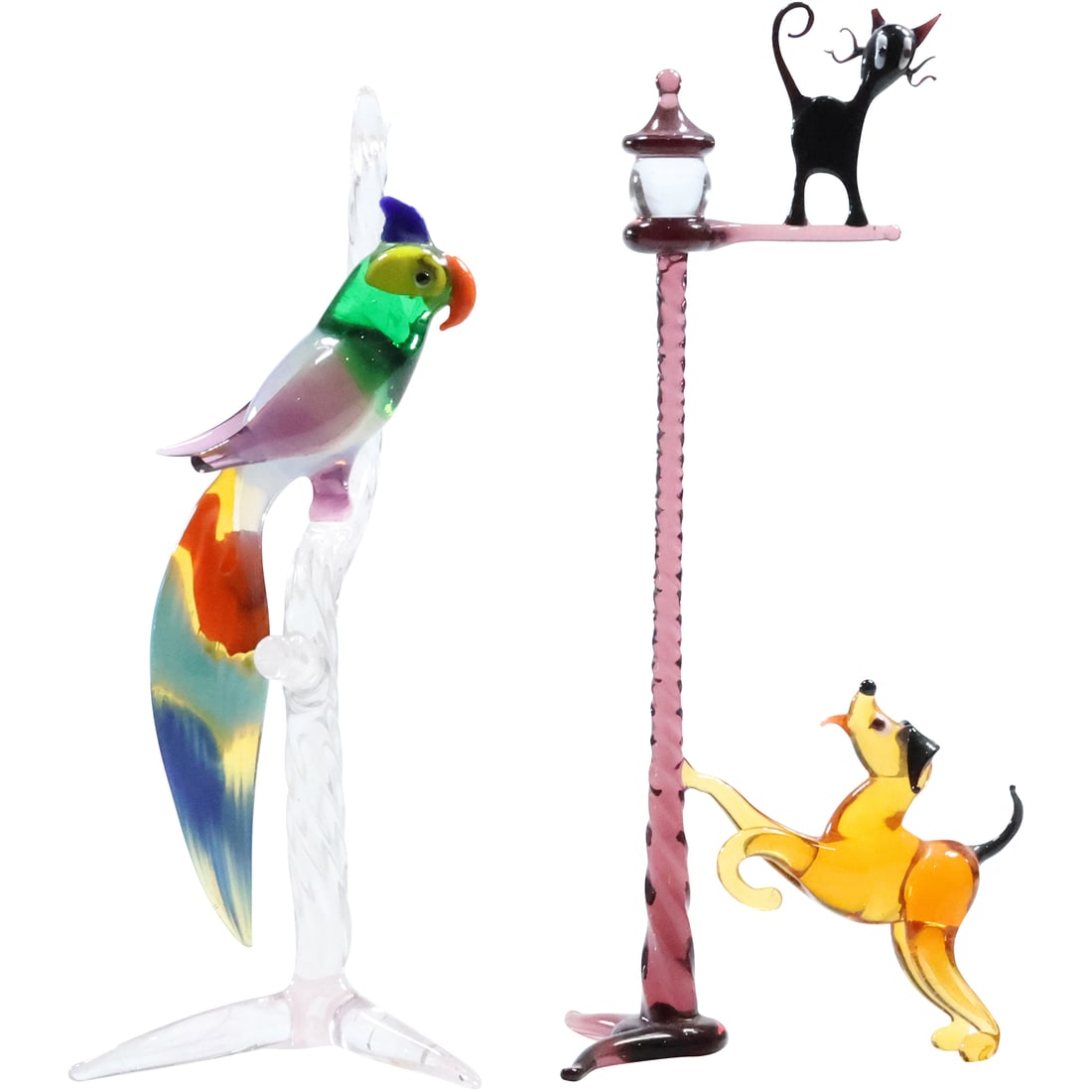 2 Hand Blown Art Glass Animal Sculptures: Parrot and Dog Chasing Cat (1 of 20)