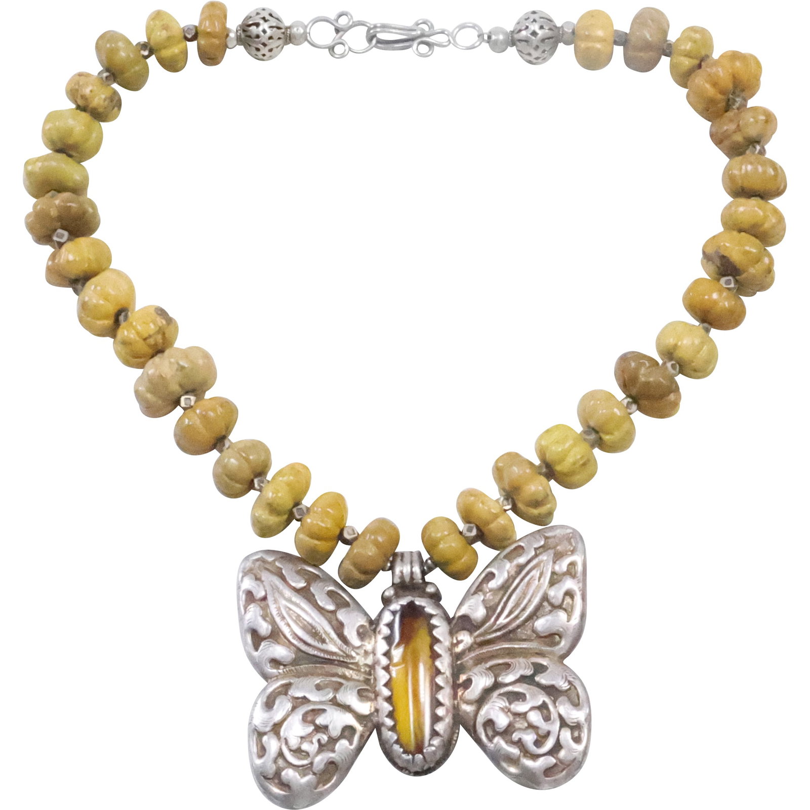 Rebecca Collins? Yellow Jasper Pumpkin Beads and Sterling Silver Necklace, Large Jasper Butterfly: Rebecca Collins? Yellow Jasper Pumpkin Beads and Sterling Silver Necklace, Large Yellow Jasper Butterfly. 22 in. x 1 3/4 in. x 3 1/2 in.