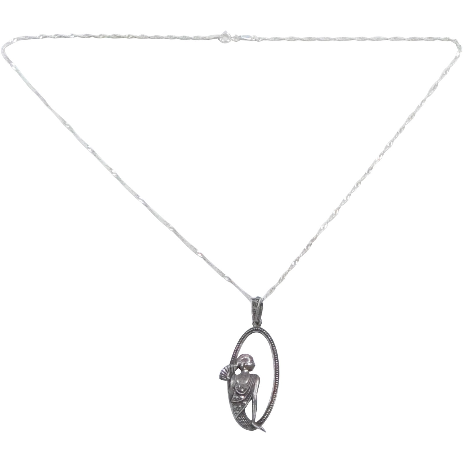 Sterling Silver with Mother of Pearl, Marcasites Art Nouveau Pendant Necklace .925 Byzantine Chain (1 of 15)