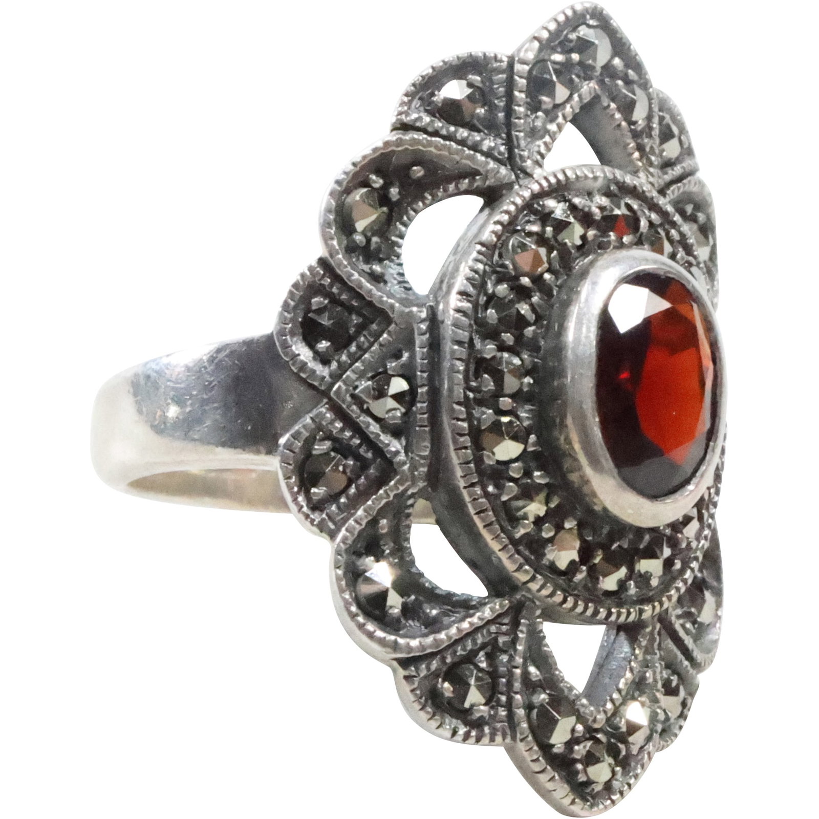 .925 Sterling Silver with Garnet and Marcasites Ring Size 7 , 3/4 in. x 1 1/8 in.: .925 Sterling Silver with Garnet and Marcasites Ring Size 7 , 3/4 in. x 1 1/8 in.