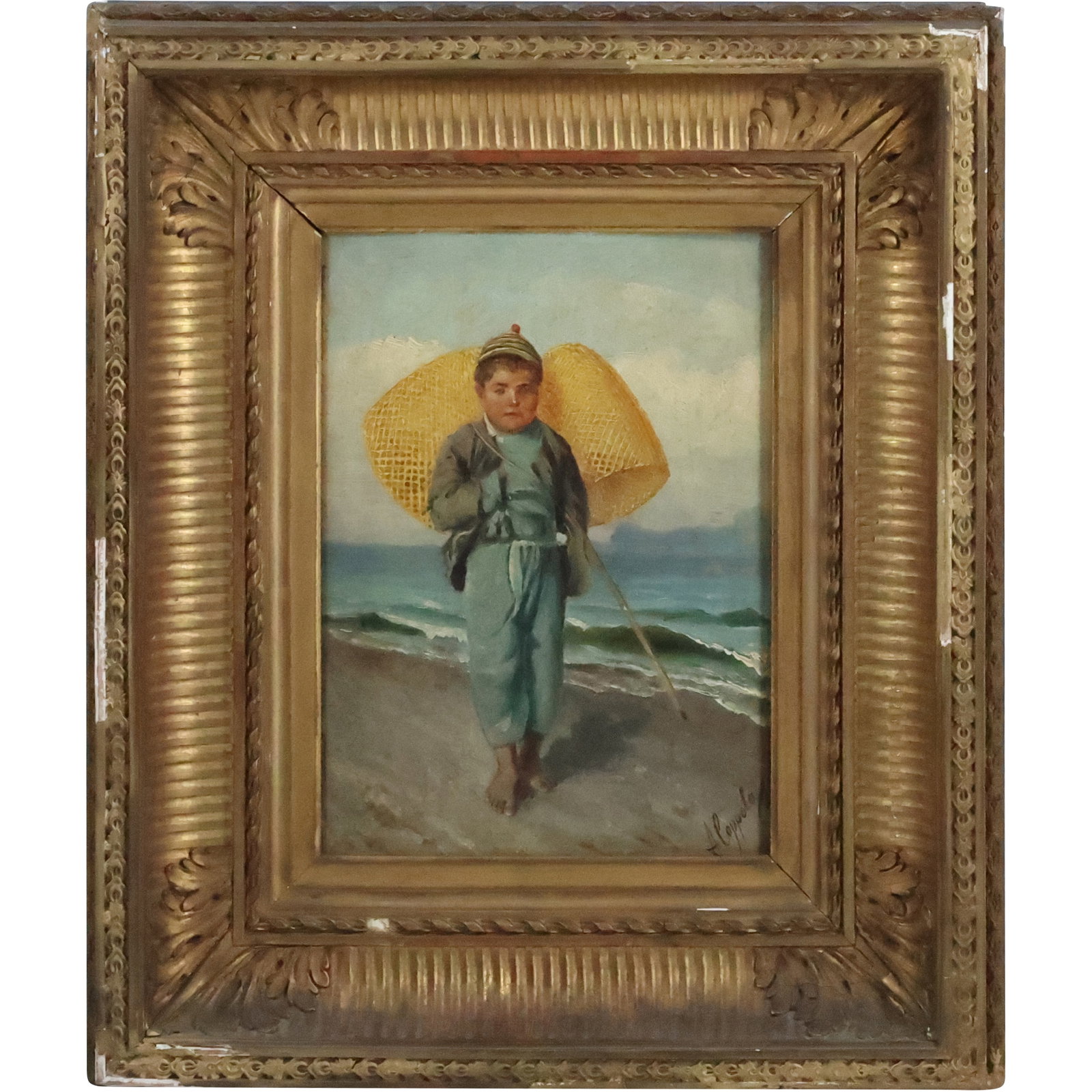 Antonio Coppola, 19th C. Oil Painting on Board Boy Carrying Fishing Nets, Signed (1 of 20)