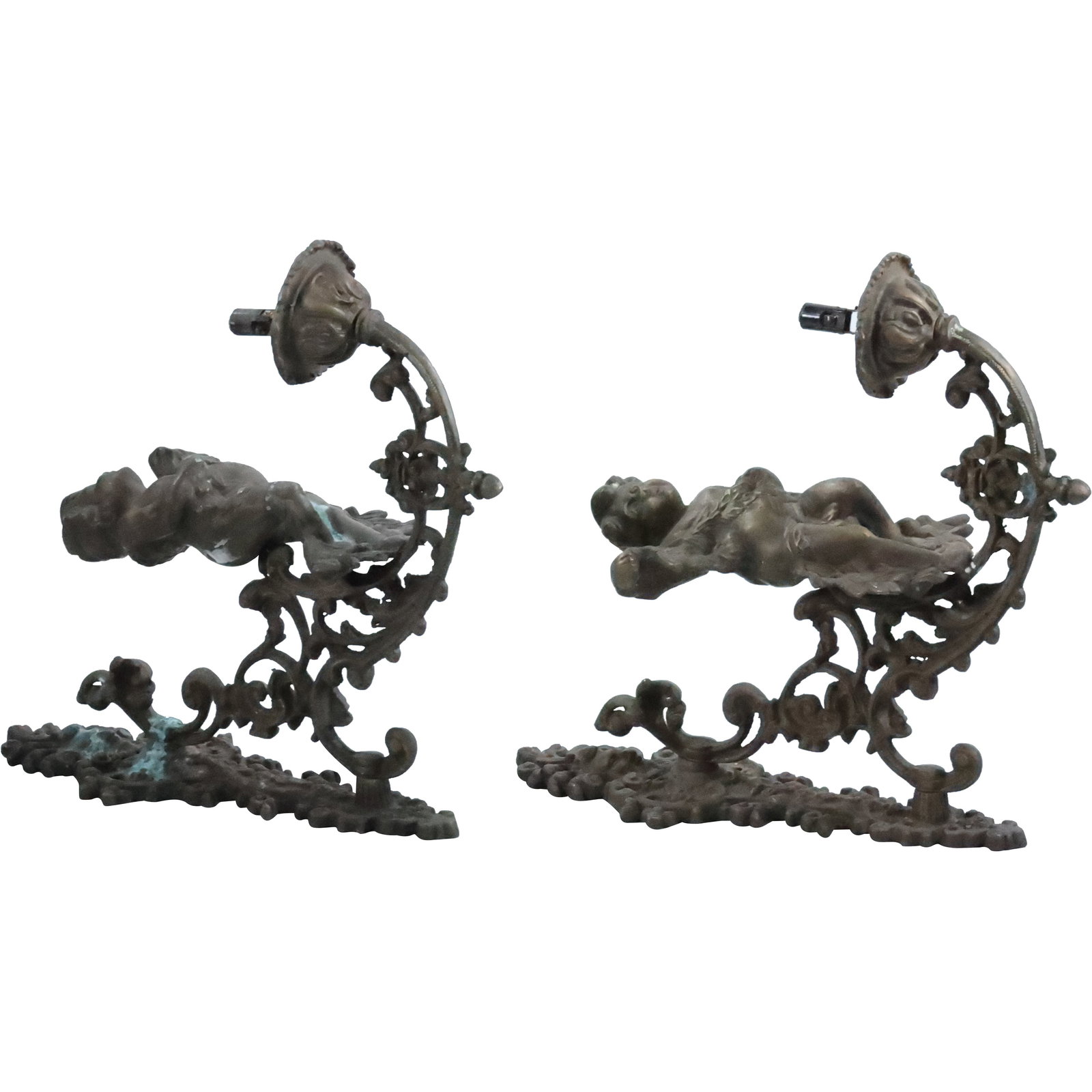 2 Cast Bronze French Wall Sconces with Full Bodied Cupids, Single Light, Electric (1 of 20)
