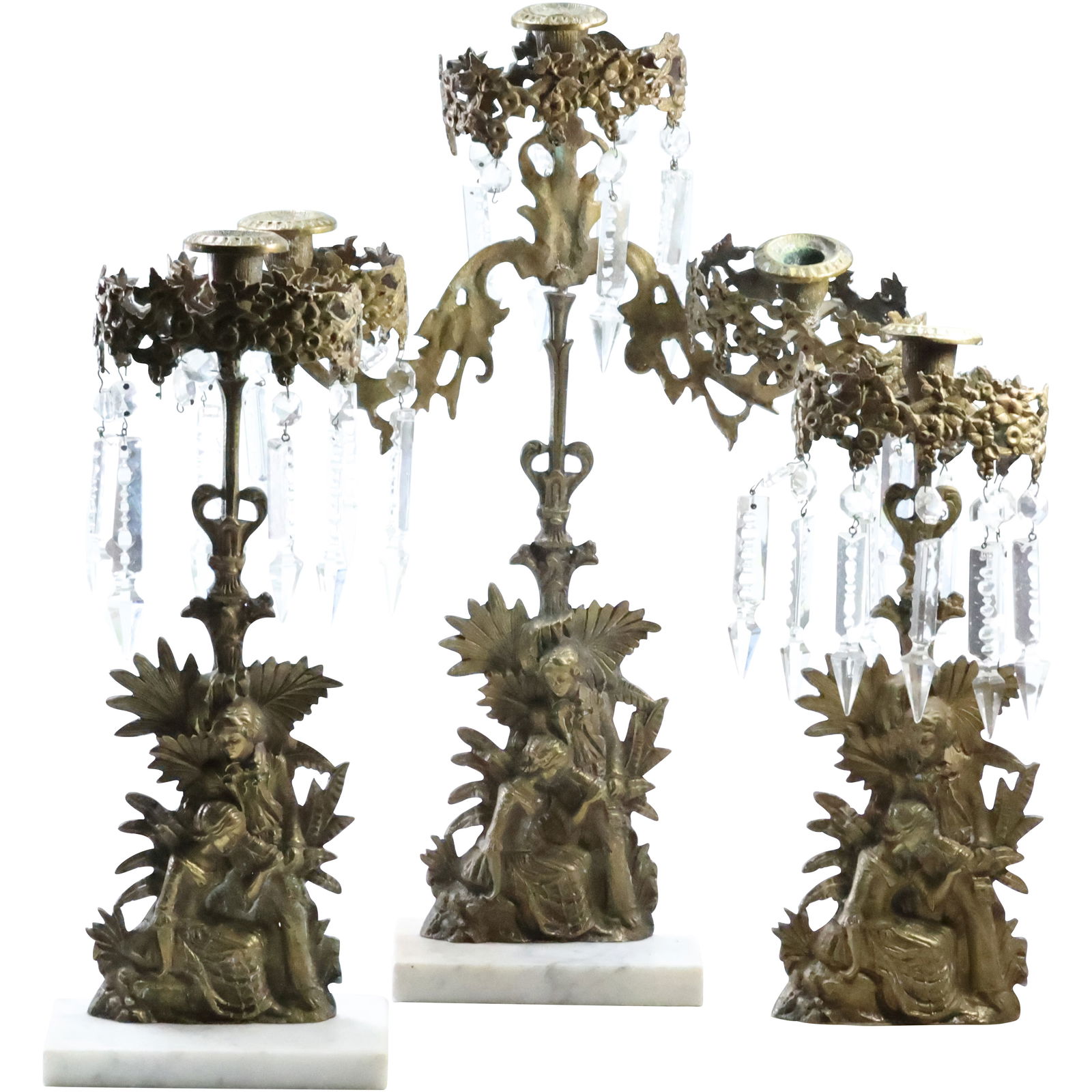 3-Piece 19th C. Antique Bronze Girandole Set with Marble Bases and Glass Prisms (1 of 20)