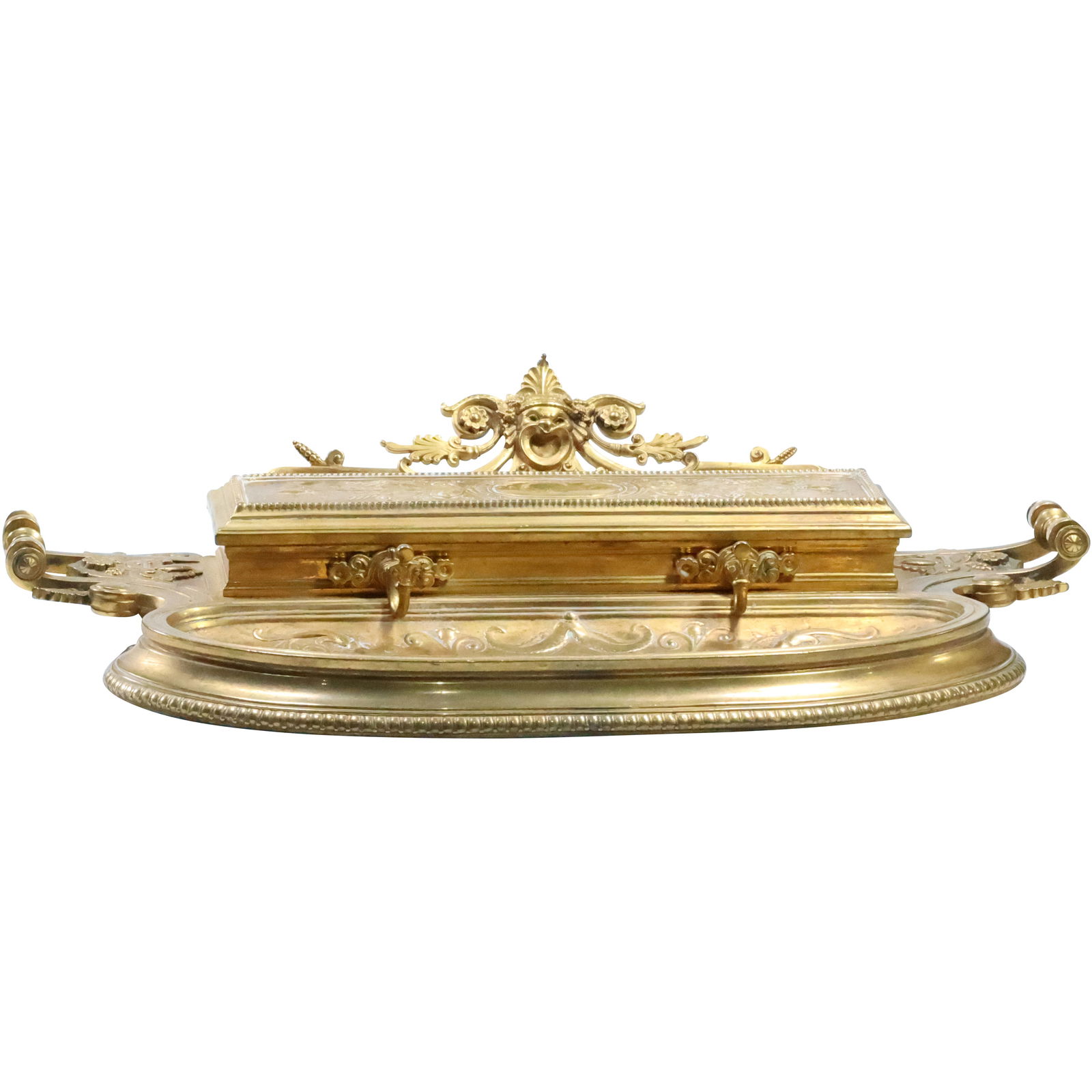 19th C. Bronze Victorian Renaissance Desk Top Inkwell Pen Rest with Head Crest 17 in. length (1 of 20)