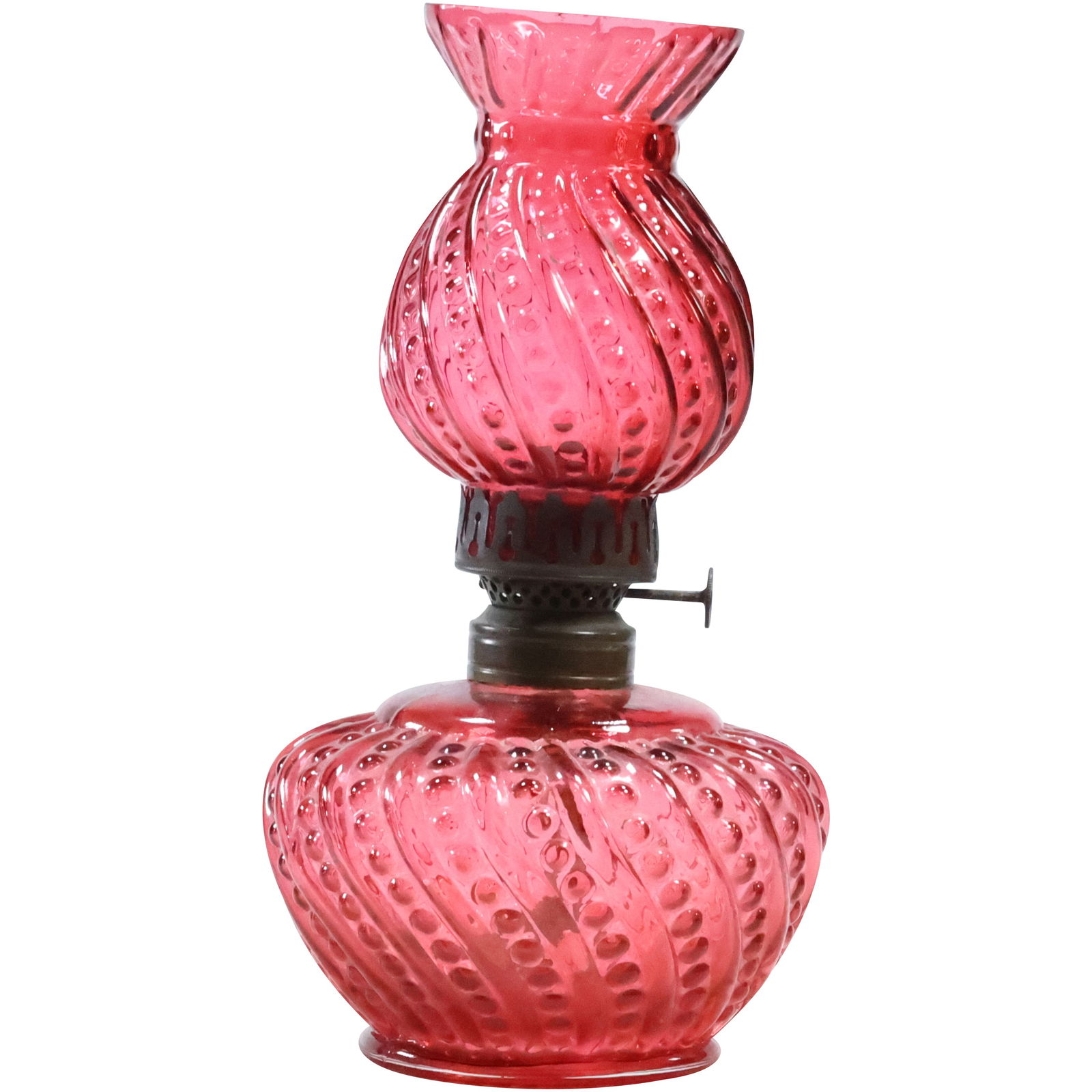 Miniature Victorian Cranberry Glass Oil Lamp Beaded Ribbed Swirl Design 8.5 in. height (1 of 20)