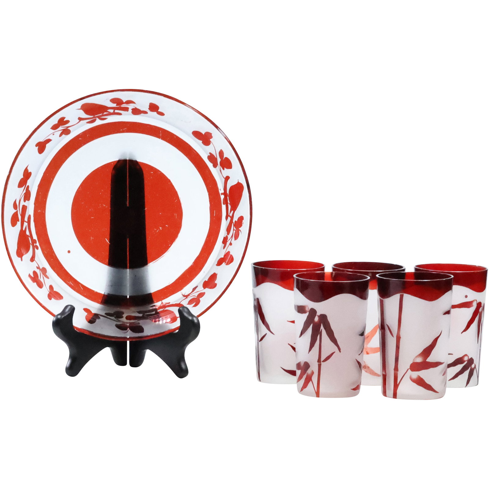 5 Vintage Ruby Red Flash Bamboo Tumblers with a Glass Desert Plate (1 of 20)