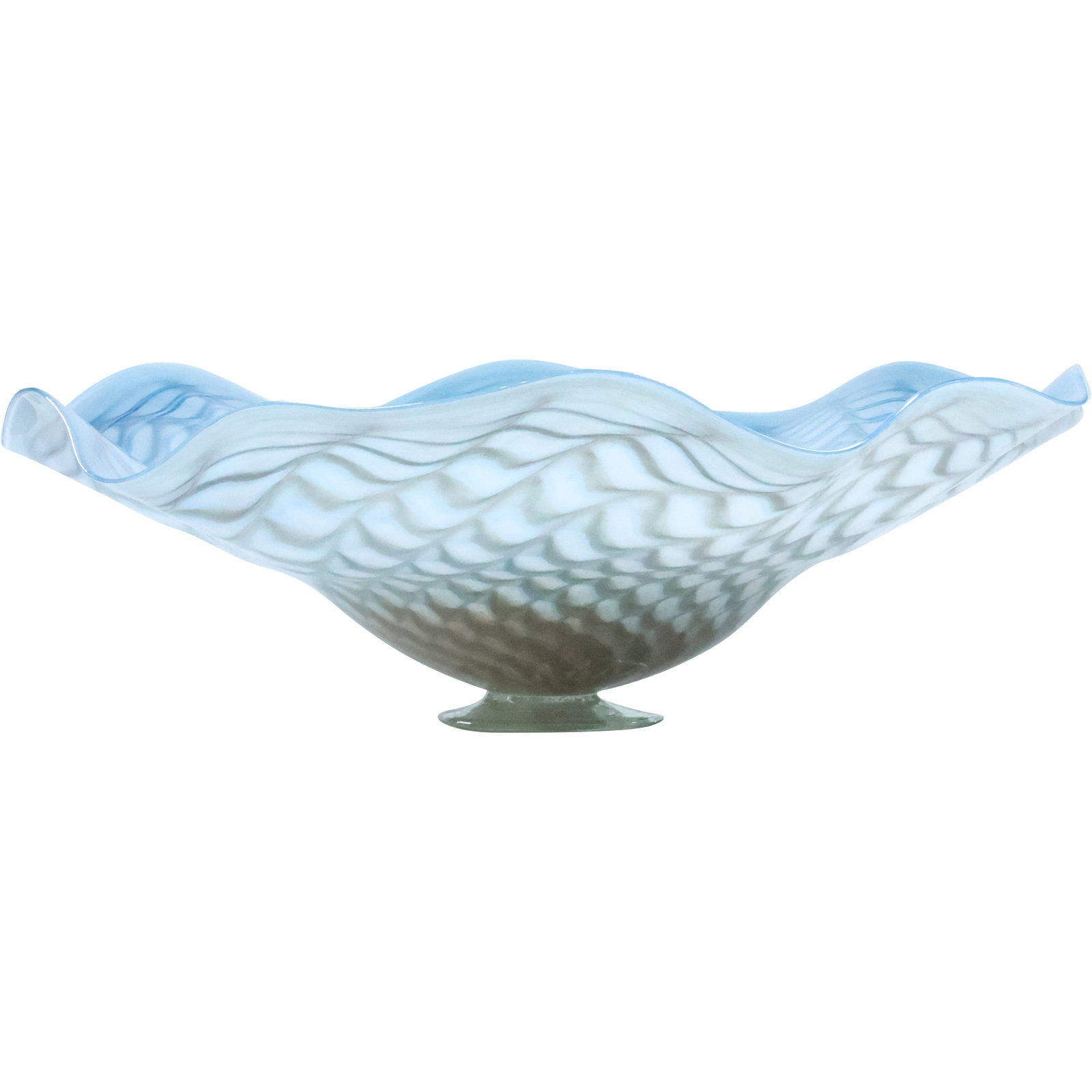 Artist Signed Studio Art Glass Wavy Pedestal Base Centerpiece Bowl 19.25 in. diameter: Artist Signed Studio Art Glass Wavy Pedestal Base Centerpiece Bowl 19.25 in. diameter. size: 6.5 in. height x 19.25 in. diameter