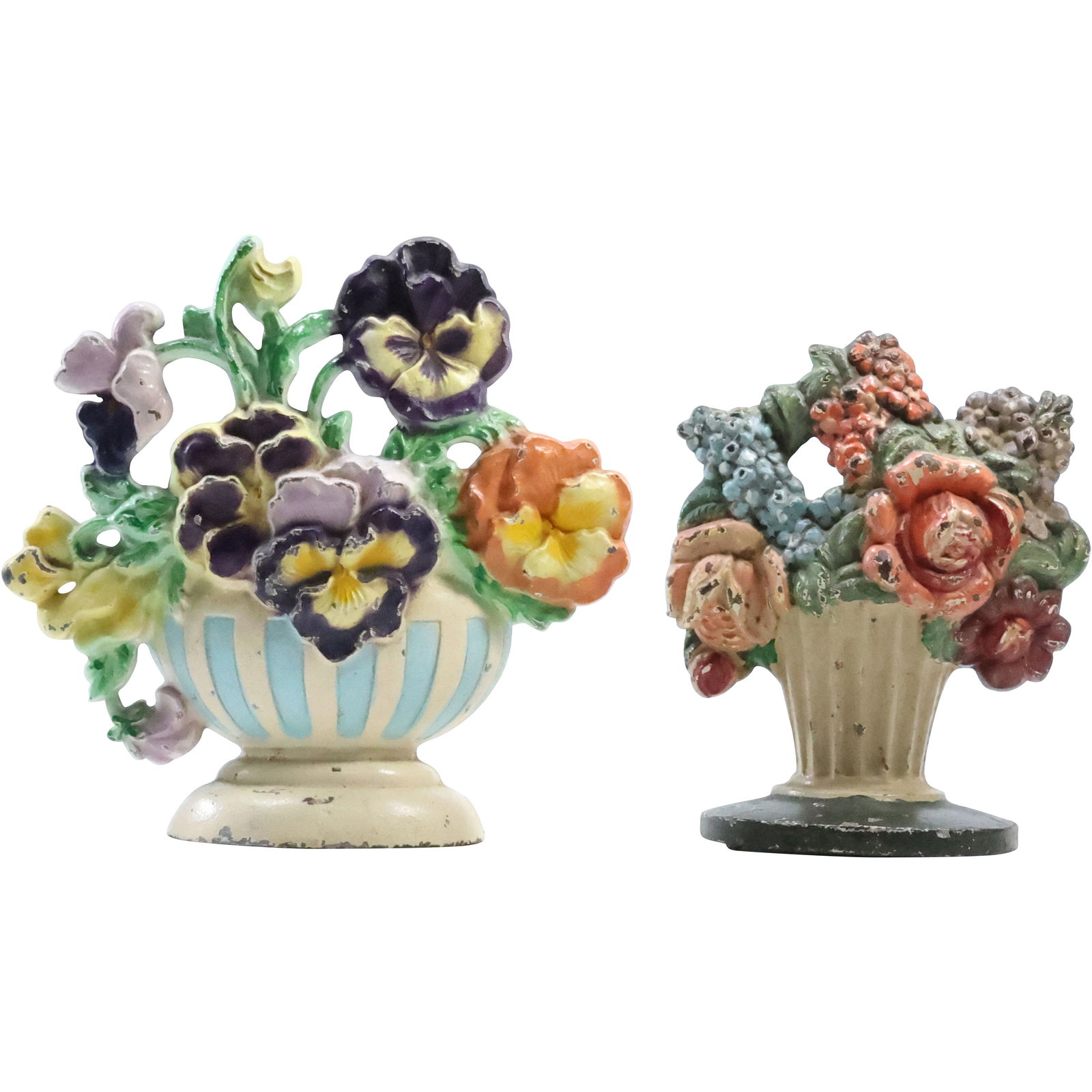 2 Antique Cast Iron Doorstops Baskets of Flowers both in Original Paint Finish: 2 Antique Cast Iron Doorstops Baskets of Flowers both in Original Paint Finish. size: (5.75 x 4.75 x 2), (6.5 x 7 x 1.75)