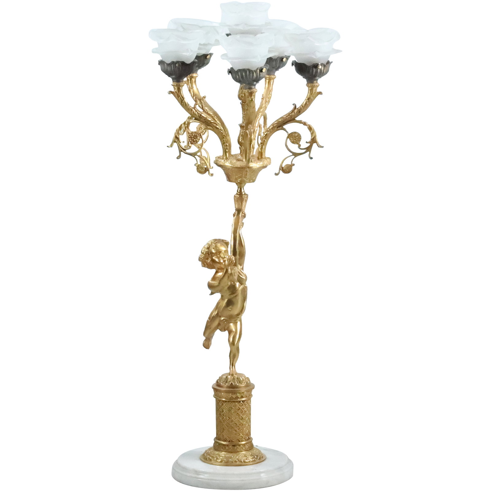 Tall French Empire Bronze Cherub Figure 5-Light Newel Post Lamp with Satin Glass Floral Shades (1 of 20)