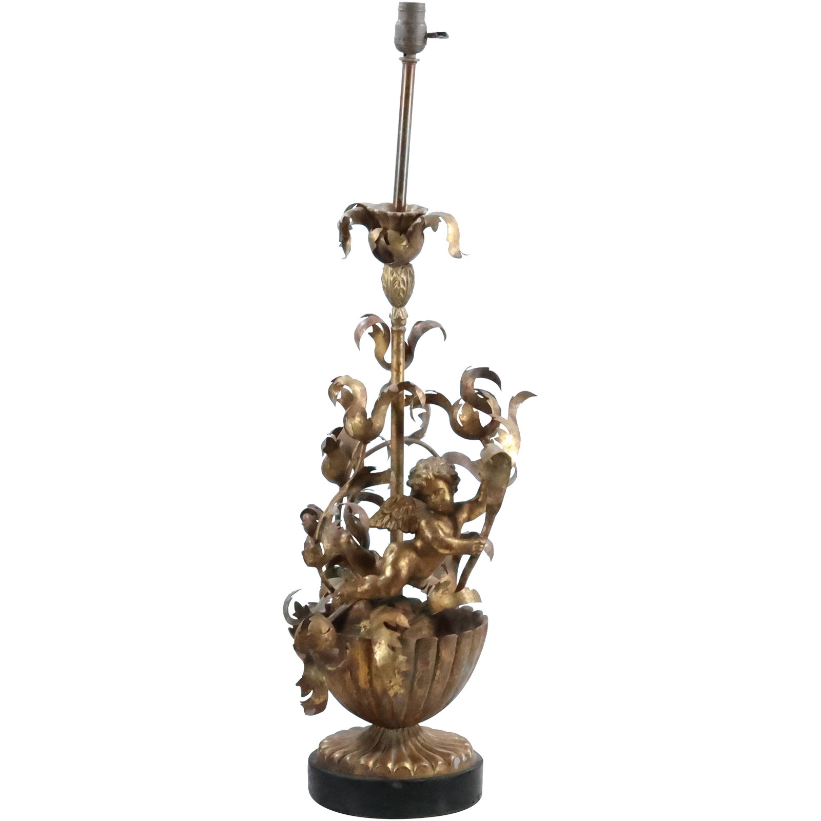 Hollywood Regency Gold Gilt Winged Cherub and Metal Leaves Table Lamp (1 of 20)