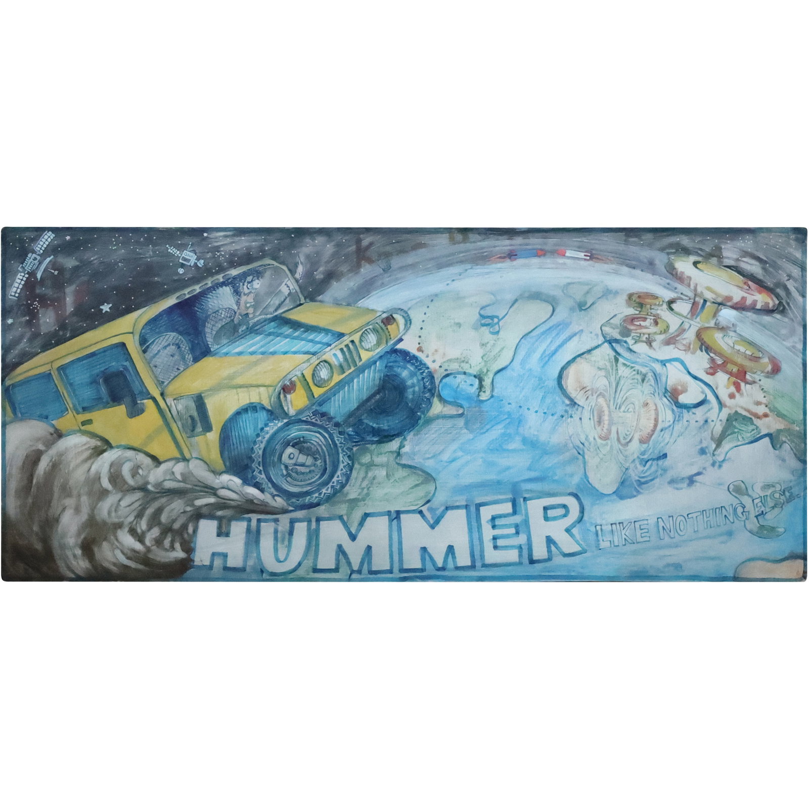 Unique "HUMMER" Outsider Art Large Oil Painting 21.5 in. .x 49 in.: Unique "HUMMER" Outsider Art Large Oil Painting 21.5 in. .x 49 in. size: 21.5 x 49